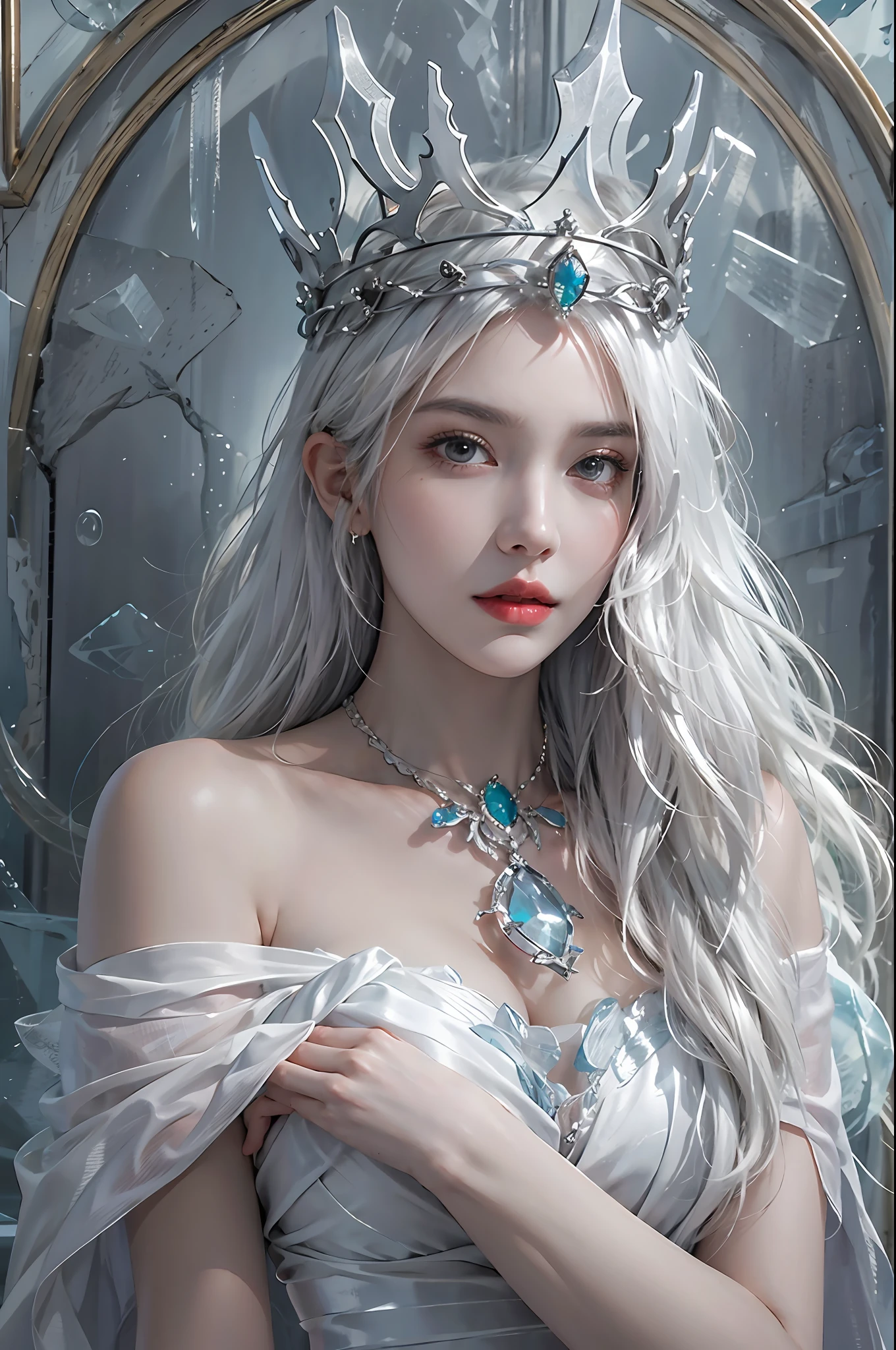 photorealistic, high resolution, 1women, solo, hips up, look at viewer, white hair, long hair, dress, ice queen, crown, jewelry, tattoo