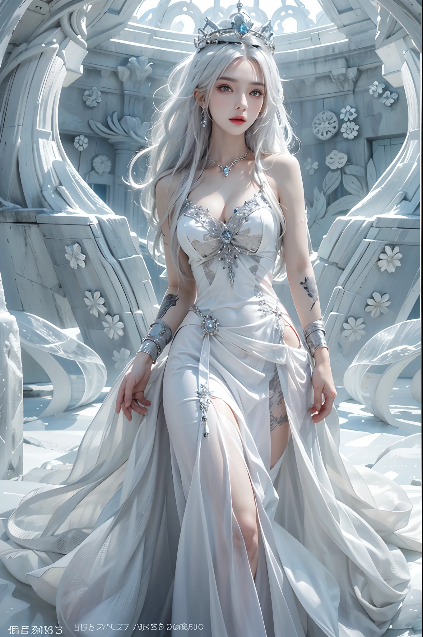 photorealistic, high resolution, 1women, solo, hips up, look at viewer, white hair, long hair, dress, ice queen, crown, jewelry, tattoo