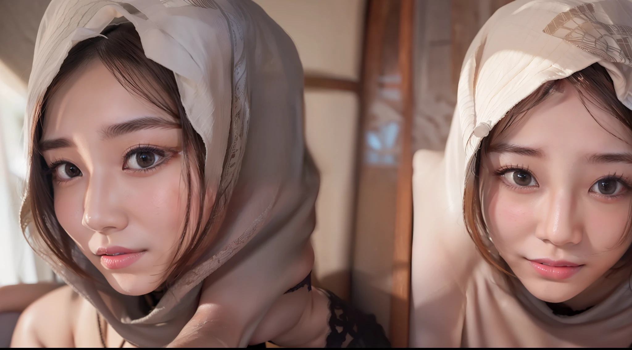 sexy pose、wearing hijab, very big natural tits、(top-quality、8K、32K、masterpiece, mira filzah face, Cute malaysian pictures )、(mira filzah face), A smile、Upper teeth、beauitful face、(Slouched:1.3)、(From above:1.2)、(a closeup:1.4)、cafe, POV、very small breasts、in cafe、natural skin、(Front Focus)、(Dark: 1.6)、Fantasy Art、photoRealstic、Dynamic lighting、art stations、poster for、Volume Lighting、extra detailed face、Award-winning、deep-shadows、lowkey、(transparent underwear:1.4), realistic skin, detail skin , bedroom background