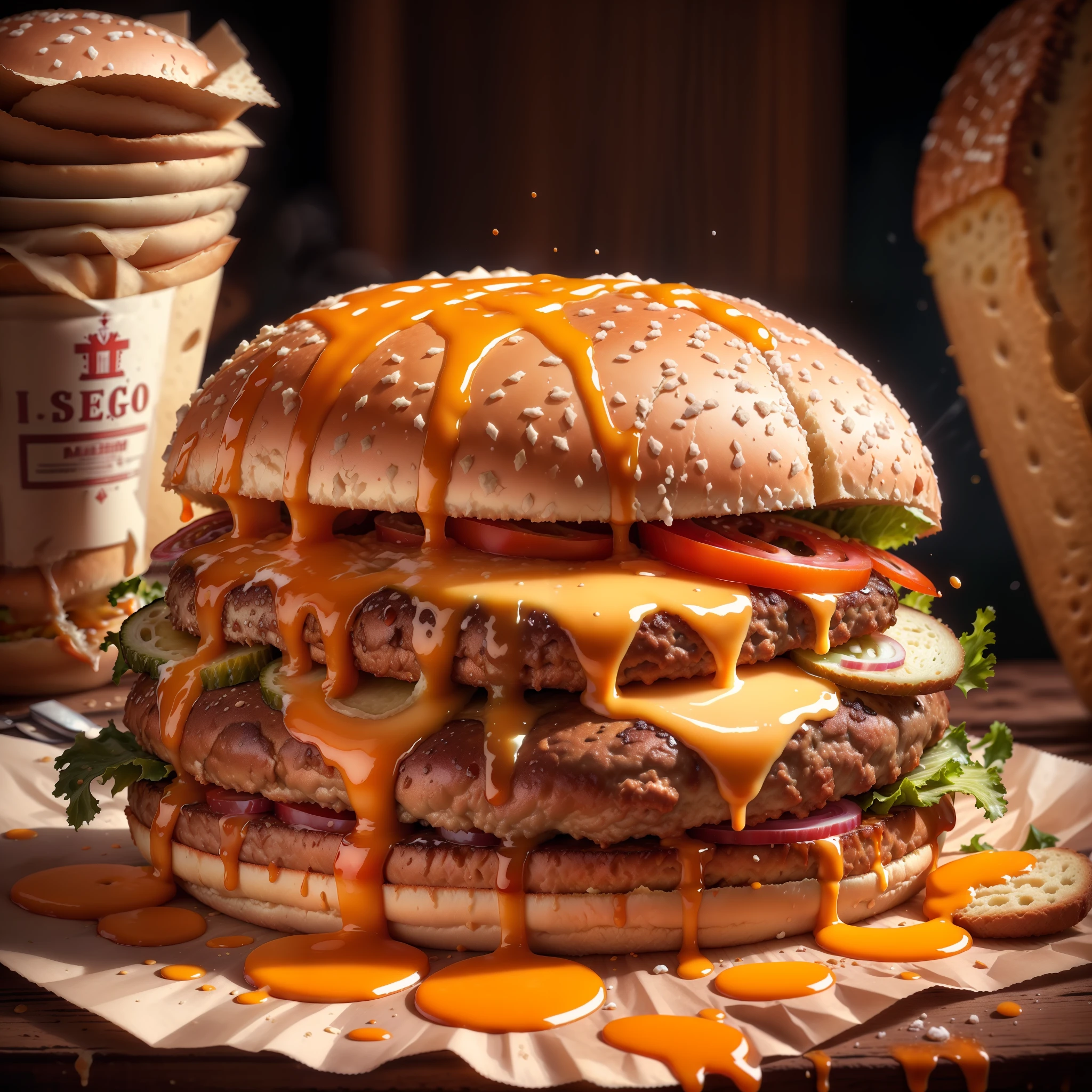 (realistic studio photography), ((Hamburguer delicioso, queijo derretido, Bread with gergelin, bife suculento apecto realista de propaganda de marketing: 1.12)) ( THE WAY SUZY ATE IN MEXICO) prompt by