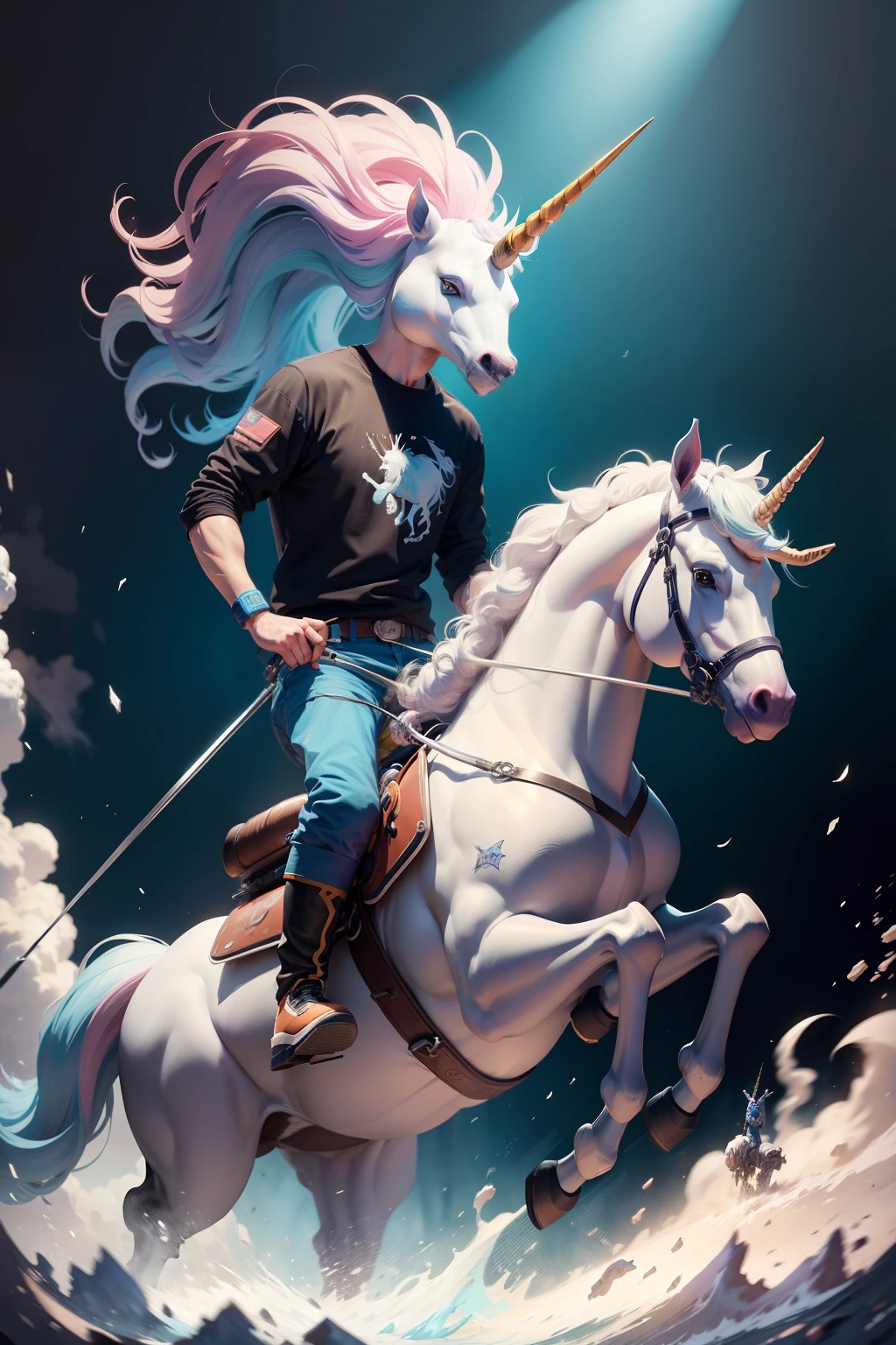 a cartoon horse with a chainsaw on its head, unicorn from the tusk movie, unicorn, blue unicorn, a unicorn, discord profile picture, unicorn horn, white unicorn, unicorns, mythical creature, nychos art aesthetic, anthropomorphic mare, anthropomorphic horse, pop punk art style, by Android Jones, riding a unicorn, from hotline miami