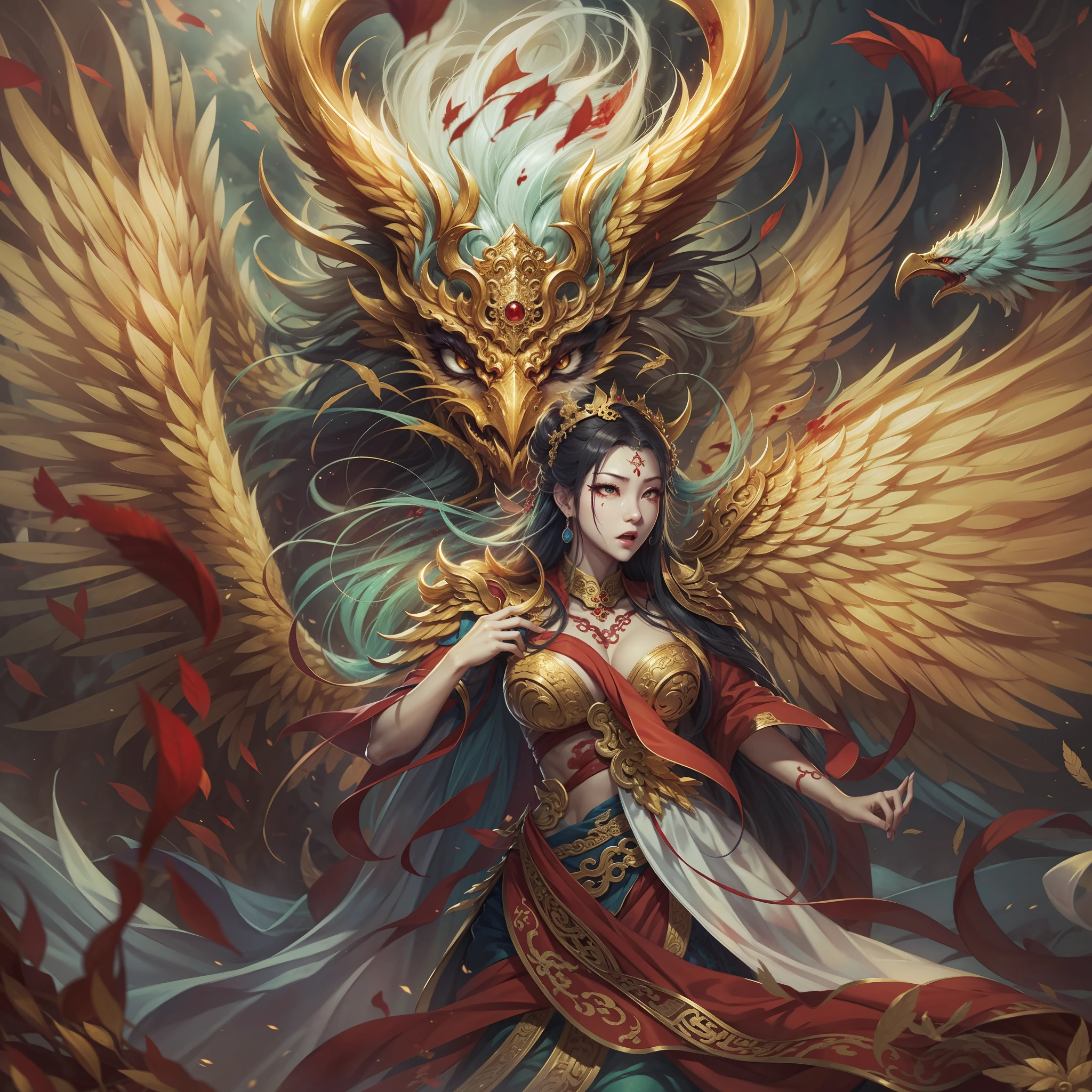 Chinese mythology and stories，Journey，King of Golden-winged Roque，closeup cleavage，Open your mouth，tosen，Fierce eyes，Blood，A mouth full of blood，Dripping blood，Puffing，massive wings，Thick feathers，feater，Super close，Sharp focus，best qualtiy，8K分辨率，tmasterpiece，Works of masters，