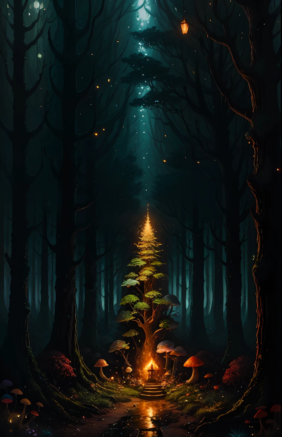 ​masterpiece、top-quality、hightquality、Highly detailed CG Unity 8k wallpapers、A towering tree々、A swarm of beautifully glowing fireflies、Luminous mushrooms、Enchanting and dreamy scenes of a fantastic forest with a hidden fairy valley、Creates a sense of mystery and enchantment、artstation、Digital Illustration、Convoluted、trending、PastelColors、an oil painting、awardwinning photo、Bokeh、depth of fields、HDR、Bloom、chromatic abberation、Photorealsitic、A highly detailed、trending on artstationh、Trending in CGSighbour、Convoluted、High Details、Dramatic、Art by Mid Journey