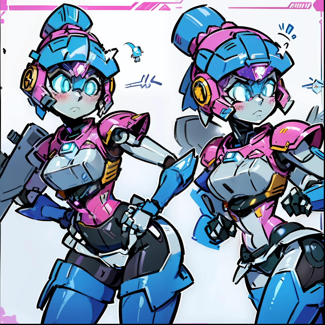 (NSFW:0.8), ((masterpiece)), best quality, a cartoon anime style, toonish style, (1girl, character sheet:1.4), front view, side view, back view, (feminine figure, butt, pretty, beautiful, sexy), reimagine a female mecha space ranger soldier character with a strong and heroic appearance, (futuristic armor suit:1.5), (different expressions:2), (energy sword on hip:1.3). Use the color scheme of metallic pink and white for her armor suit. Emphasize the dynamic pose and the presence of her being in galaxies and stars in the to enhance the sense of her space adventure.