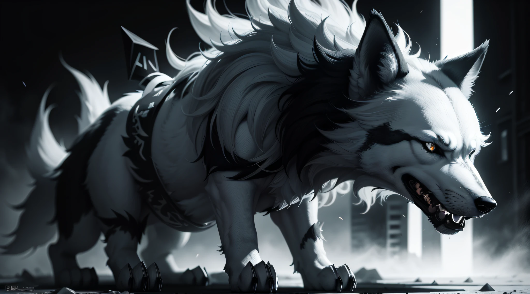 black and white wolf, dark background, 16:9, 4k