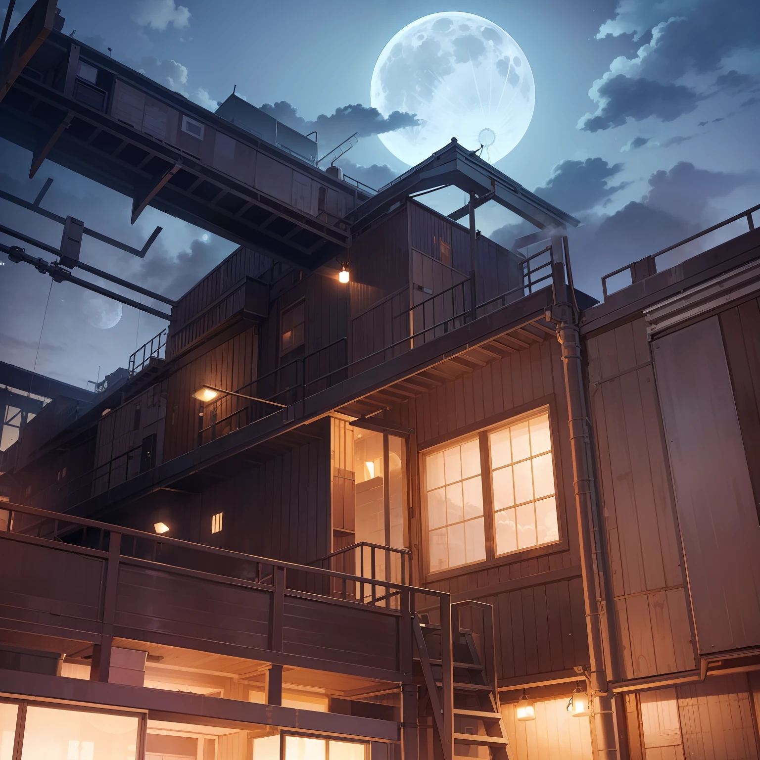 8K、top-quality、masutepiece、portlate、Fantastic night sky at the top of the screen、Full Moon in the Middle、Factory lit up on plants、chimney、Smoke is coming out of the chimney、Battered factory