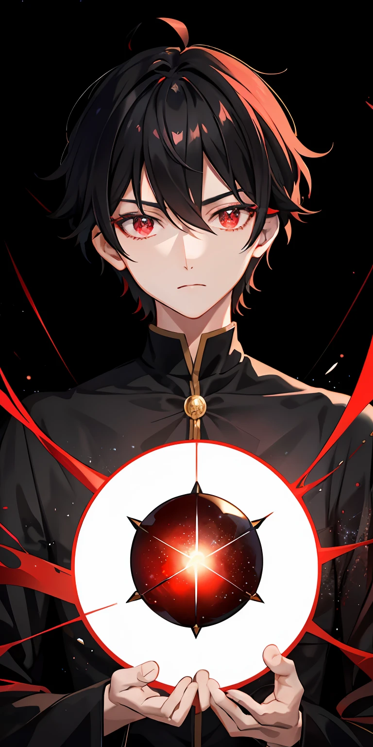 1boys,Black anime short hair with red dye,Crimson eyes,There was a twinkle in the eyes,Mysterious,Black and red delicate robe,serious expressions,Cold,only revealing his upper body,Broken glass in the air,chaos,Starry sky at night,tmasterpiece