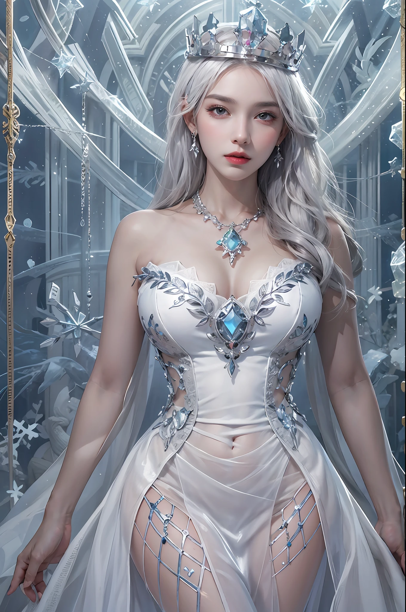 photorealistic, high resolution, 1women, solo, hips up, look at viewer, white hair, long hair, dress, ice queen, crown, jewelry, tattoo