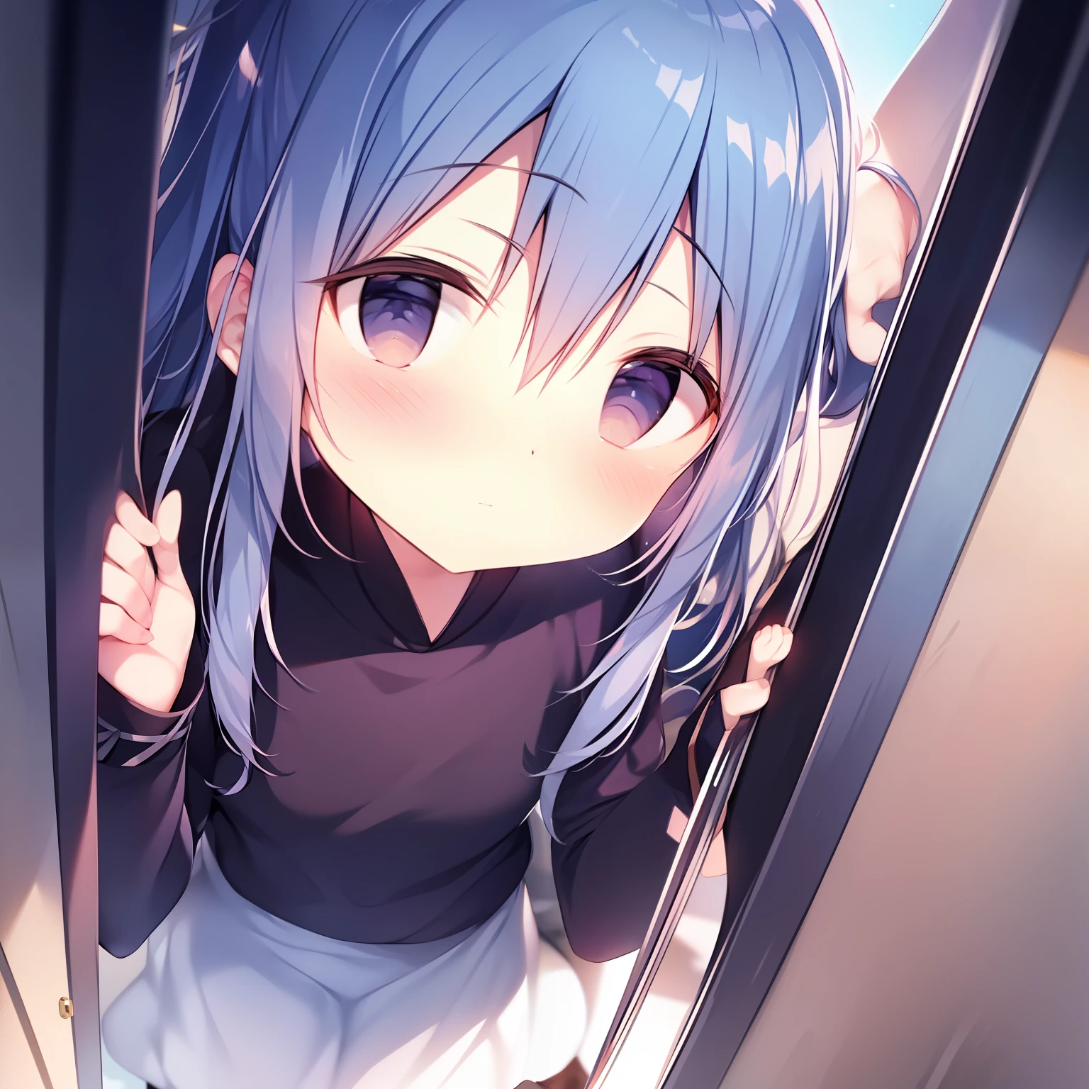 tmasterpiece，Best quality at best，独奏，lookingat_at_peeping at the viewer，By bangs，Mono Color，The upper part of the body，blue hairs，solo person，