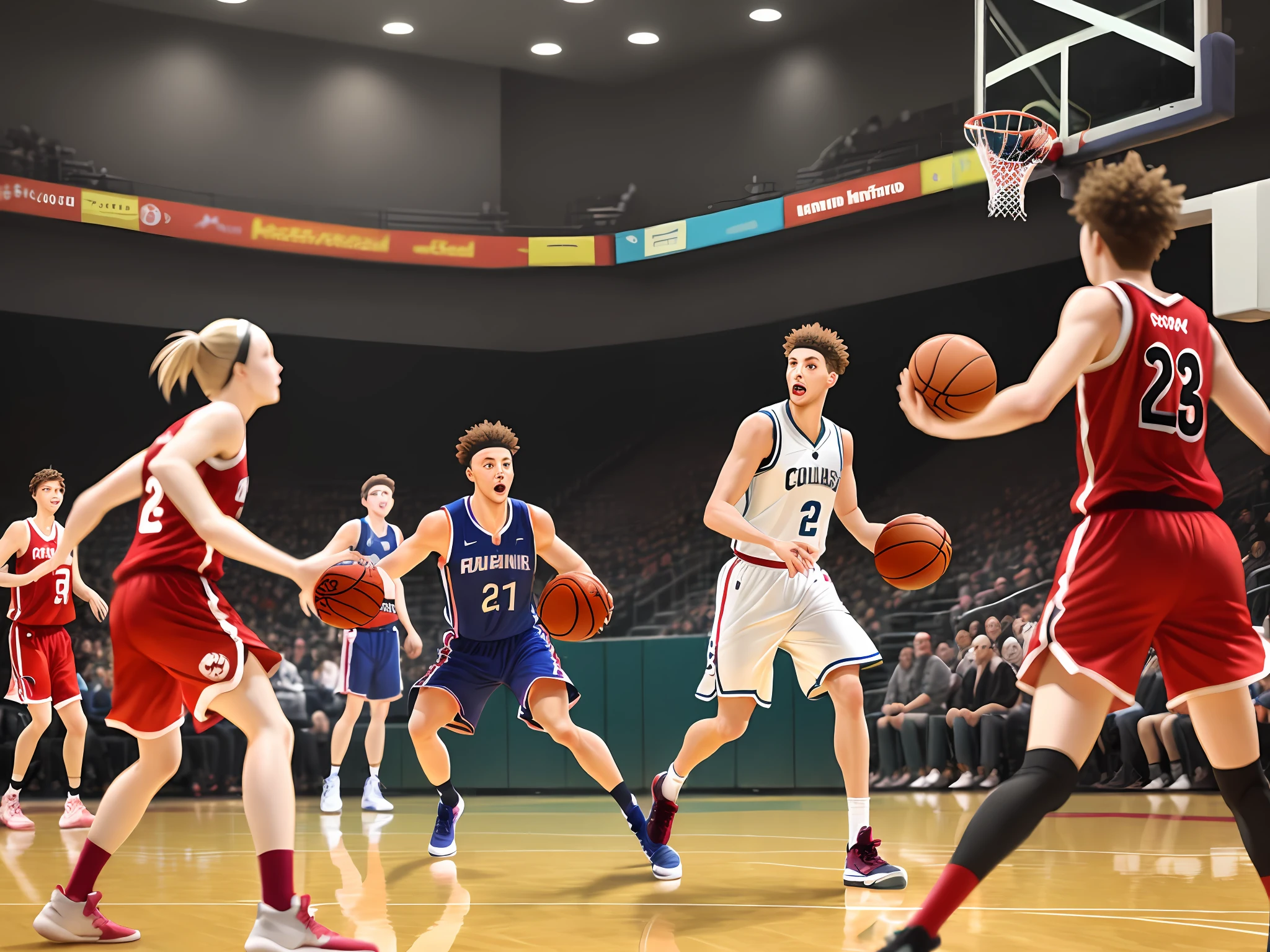 The chicken in the middle is playing basketball