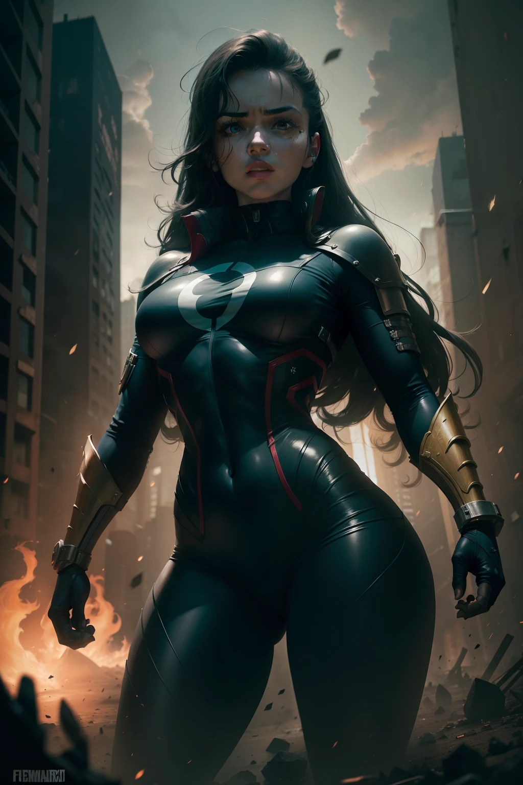 "A girl in an iconic Marvel character, Carcaju, em uniforme amarelo, adota uma postura agressiva, His sharp adamantium claws stretched menacingly. The composition captures the cashew in a long shot, permitindo que o espectador absorva a totalidade de sua postura. feroz. The camera lens used for this The photo is 70mm, increasing the sense of depth and scale. The setting is in a chaotic New York, enfatizando a intensidade da batalha. The lighting is dim, com poucas fontes dispersas, casting deep shadows that enhance the gloomy atmosphere. The desired style for this photorealistic image is cinematic, evocando o escuro, dark aesthetics often found in Marvel action movies."