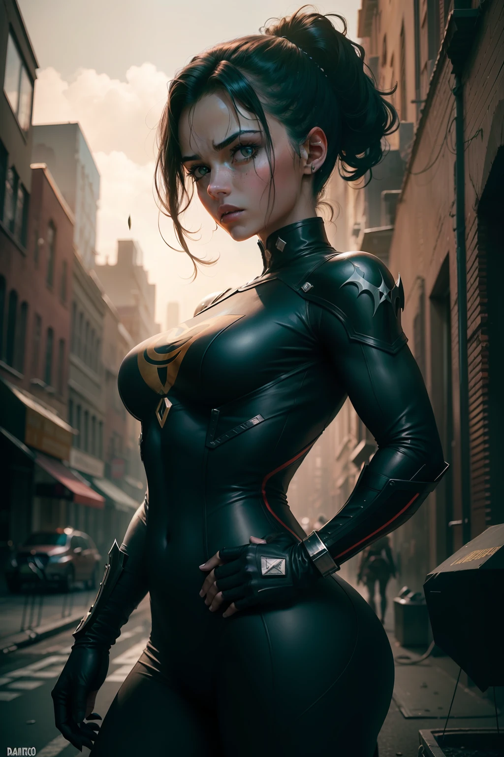"A girl in an iconic Marvel character, Carcaju, em uniforme amarelo, adota uma postura agressiva, His sharp adamantium claws stretched menacingly. The composition captures the cashew in a long shot, permitindo que o espectador absorva a totalidade de sua postura. feroz. The camera lens used for this The photo is 70mm, increasing the sense of depth and scale. The setting is in a chaotic New York, enfatizando a intensidade da batalha. The lighting is dim, com poucas fontes dispersas, casting deep shadows that enhance the gloomy atmosphere. The desired style for this photorealistic image is cinematic, evocando o escuro, dark aesthetics often found in Marvel action movies."