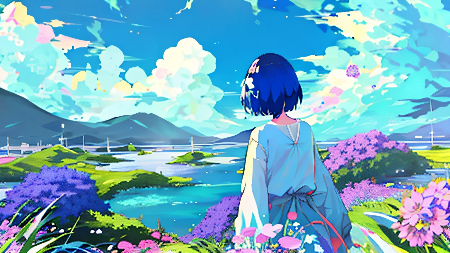 The sea of flowers anime style looking at the sky blue and white