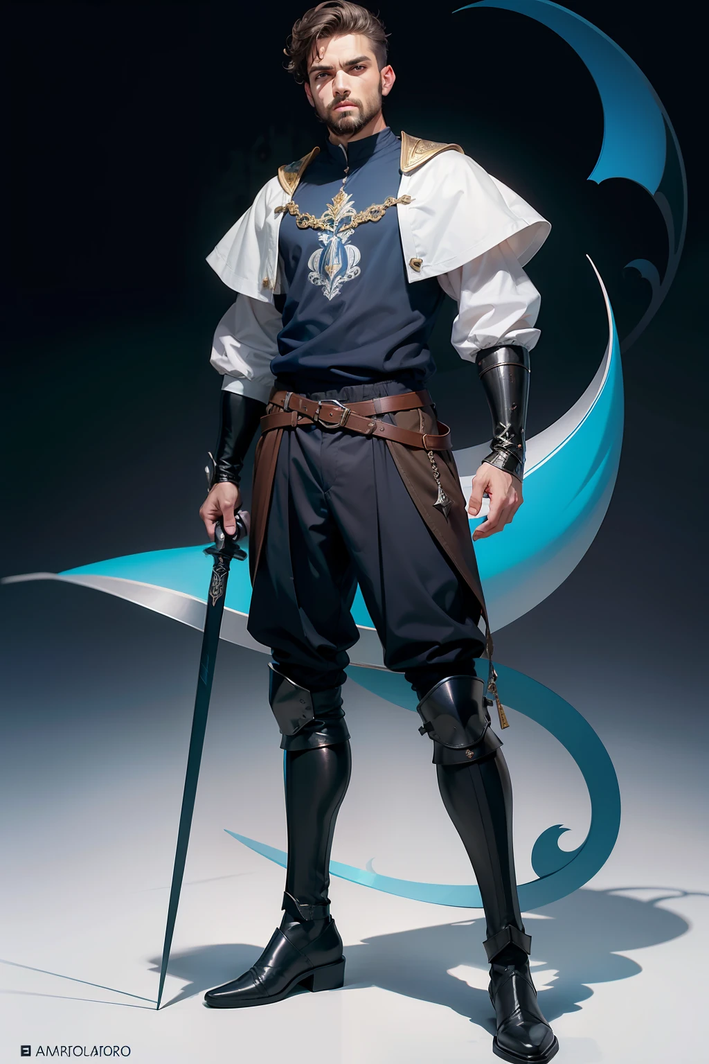 realista, homem jovem bonito, short hair, barba curta, manto medieval azul escuro, armadura medieval, black pant, bota, corpo inteiro, fundo branco