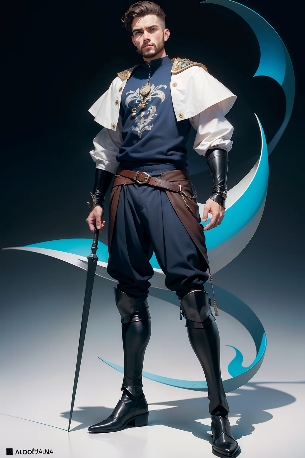 realista, homem jovem bonito, short hair, barba curta, manto medieval azul escuro, armadura medieval, black pant, bota, corpo inteiro, fundo branco