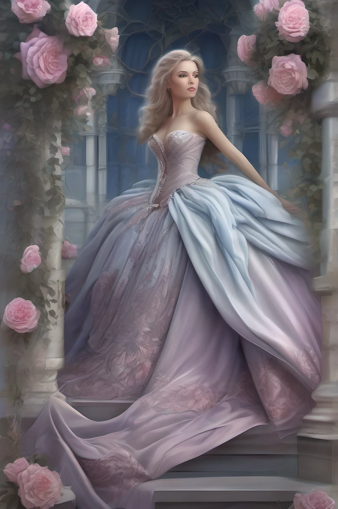 This is realistic (((fantasy))) artwork set in the frozen rose garden of an enchanted ice castle in winter. It is snowing heavily. Generate a proud woman with a (((highly detailed face))) dressed in the billowing folds of a stunning French silk ballgown. The woman's elegant face is ((((highly detailed, with realistic features and soft, puffy lips.)))) The ballgown is embellished with ruffles, sashes, and bows and a delicately, but intricately, hand-embroidered bodice. The corset features silk ribbon. She is wearing Victorian royal winter outer clothes. The woman's stunning eyes are beautifully detailed, featuring realistic shading and multiple colors, and in high resolution. The woman is in a garden of eternal roses, each one beautifully formed and highly detailed. These realistic roses feature shimmering shades of light blue, dark blue, silver, and glimmering blue-purple. The eternal rose is a deep shade of periwinkle with shimmering pink overtones and undertones. Ensure that the woman's face, hair, and eyes are perfect. realism, high fantasy, whimsical fantasy, storybook fantasy, fairytale fantasy, fantasy details, enchanting, bewitching, 8k, hires, CGI, digital painting, unity, unreal engine, (((masterpiece))), intricate, elegant, highly detailed, majestic, digital photography, art by artgerm and ruan jia and Greg Rutkowski, (masterpiece, finely detailed beautiful eyes: 1.2), hdr, realistic skin texture, (((1woman))), (((solo))), Include a highly detailed face, extremely detailed face, and interesting background.
