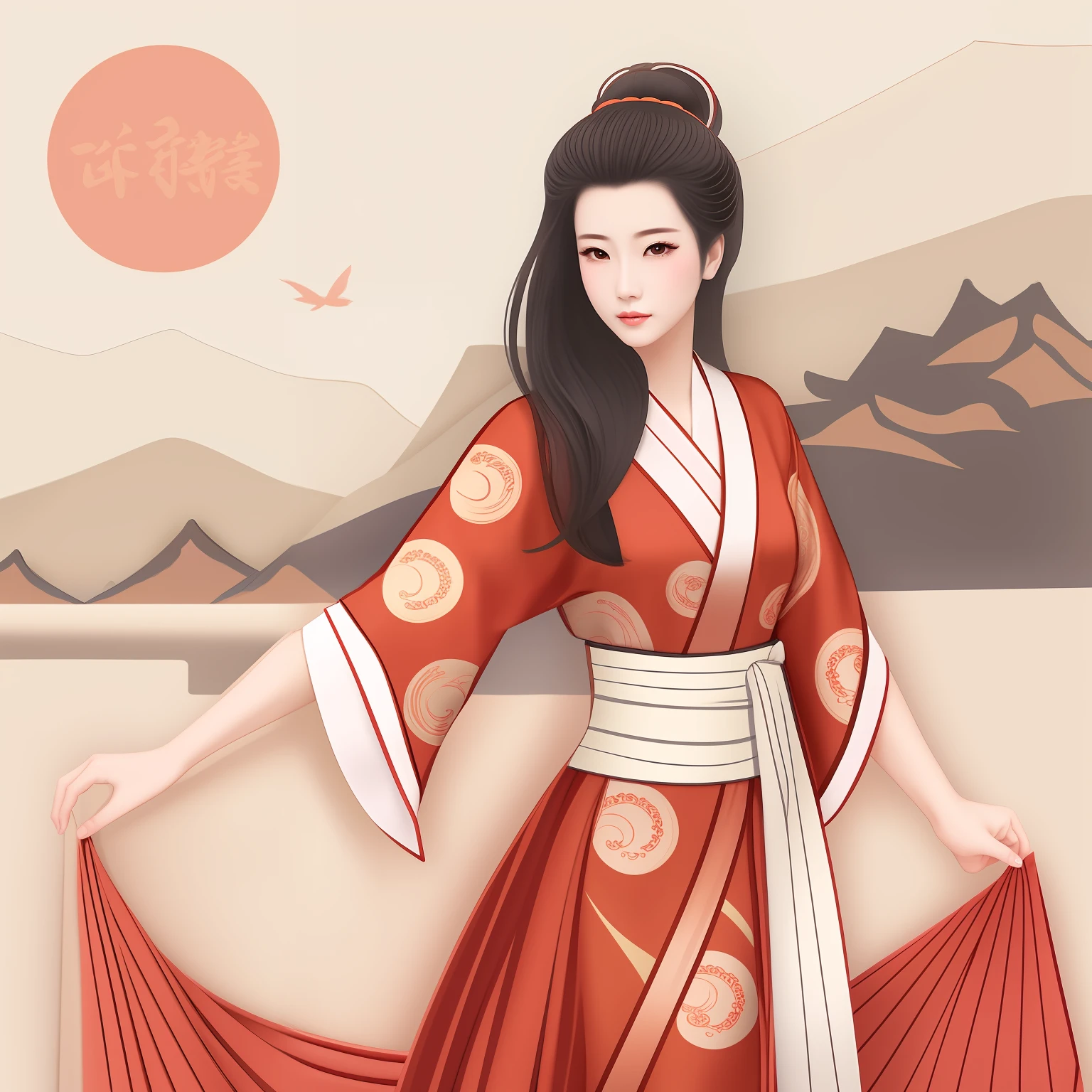 "There is a woman in a red kimono in front of a mountain, japanese art style, Princesa chinesa antiga, No estilo de arte de Ukiyo - E, inspired by Itō Shinsui, Deusa japonesa, vestindo roupas chinesas antigas, Belezas chinesas antigas, Deusa chinesa antiga, inspired by Lü Ji, Mulher chinesa, mulher japonesa elegante, Princess of the Ancient Asian Dynasty".