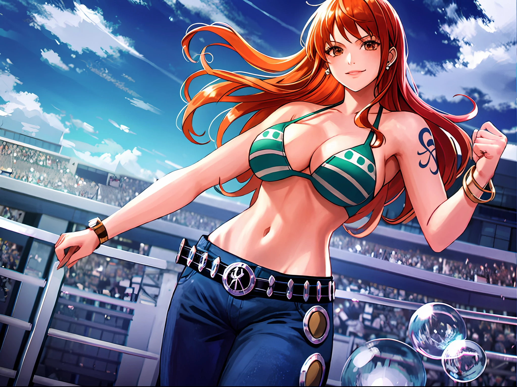 detailed background, masterpiece, best quality, 1girl, solo, nami \(one piece\), 1girl, bangle, detailed arms, fists, muscular body, seductive, wrestling entrance, bangs, bare shoulders, belt, bikini, bikini top only, blue sky, bracelet, breasts, brown eyes, bubble, cleavage, cloud, cowboy shot, day, denim, earrings, floating hair, green belt, green bikini, groin, jeans, jewelry, large breasts, log pose, long hair, looking at viewer, navel, orange hair, pants, shoulder tattoo, sidelocks, sky, smile, solo, standing, stomach, swimsuit, tattoo , looking at viewer, fight pose