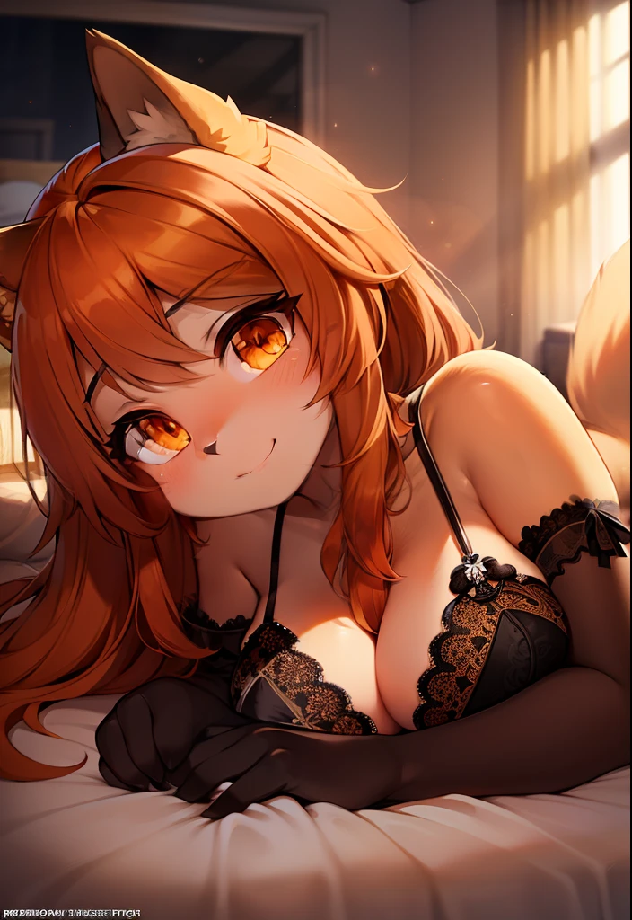 hairy, brown fur, ultra cute face, orange eyes, medium hair, medium breasts, dark brown elements in the fur, transparent lingerie, beautiful lights and shadows, ambient light, ultra detailed hair, volumetric light, fluffy tail, neckline, fluffy panties, lying on the bed of a room