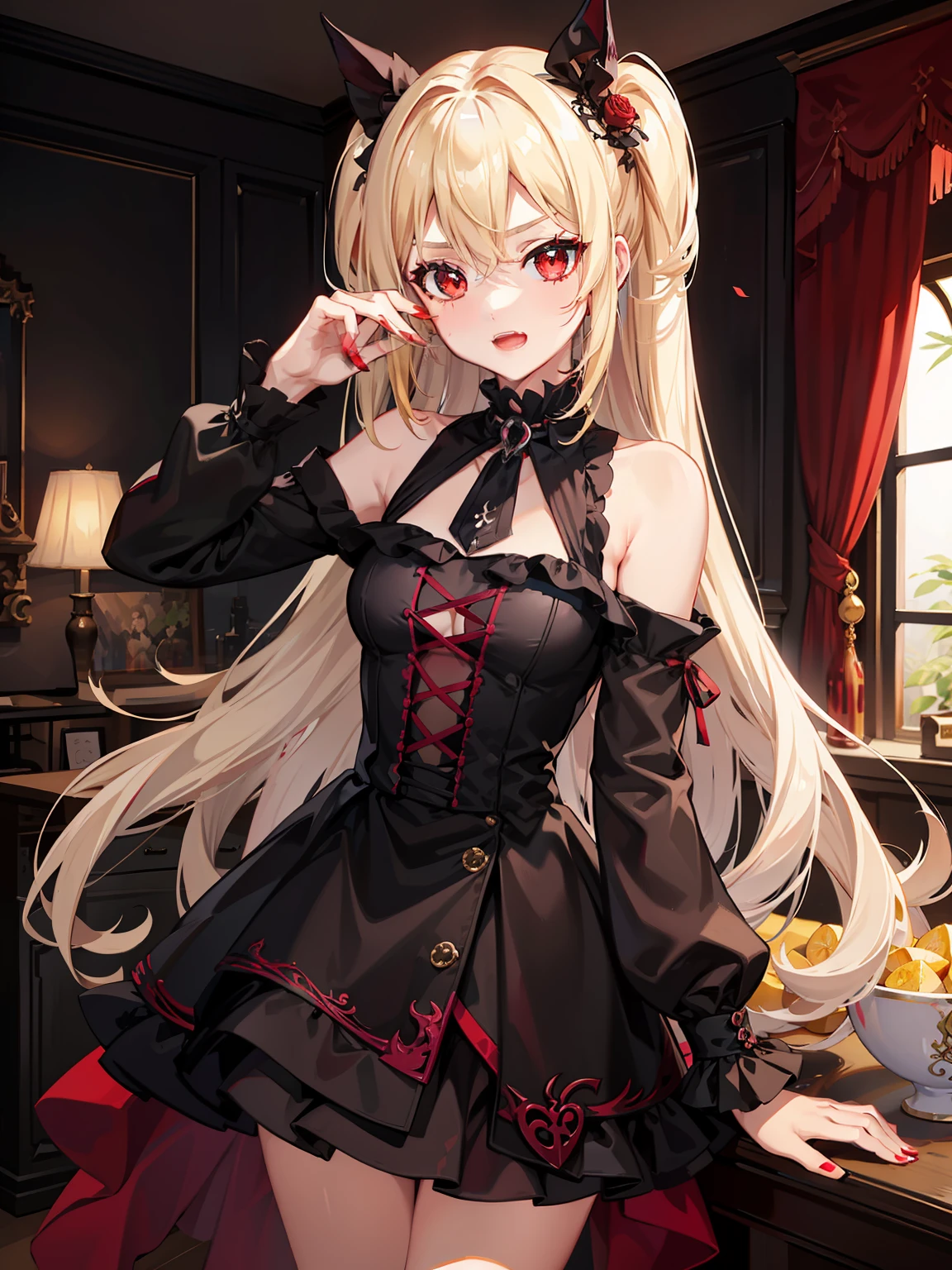 teens girl，Fang，blond hairbl，red eyes，Seductive expressions，gothic clothing