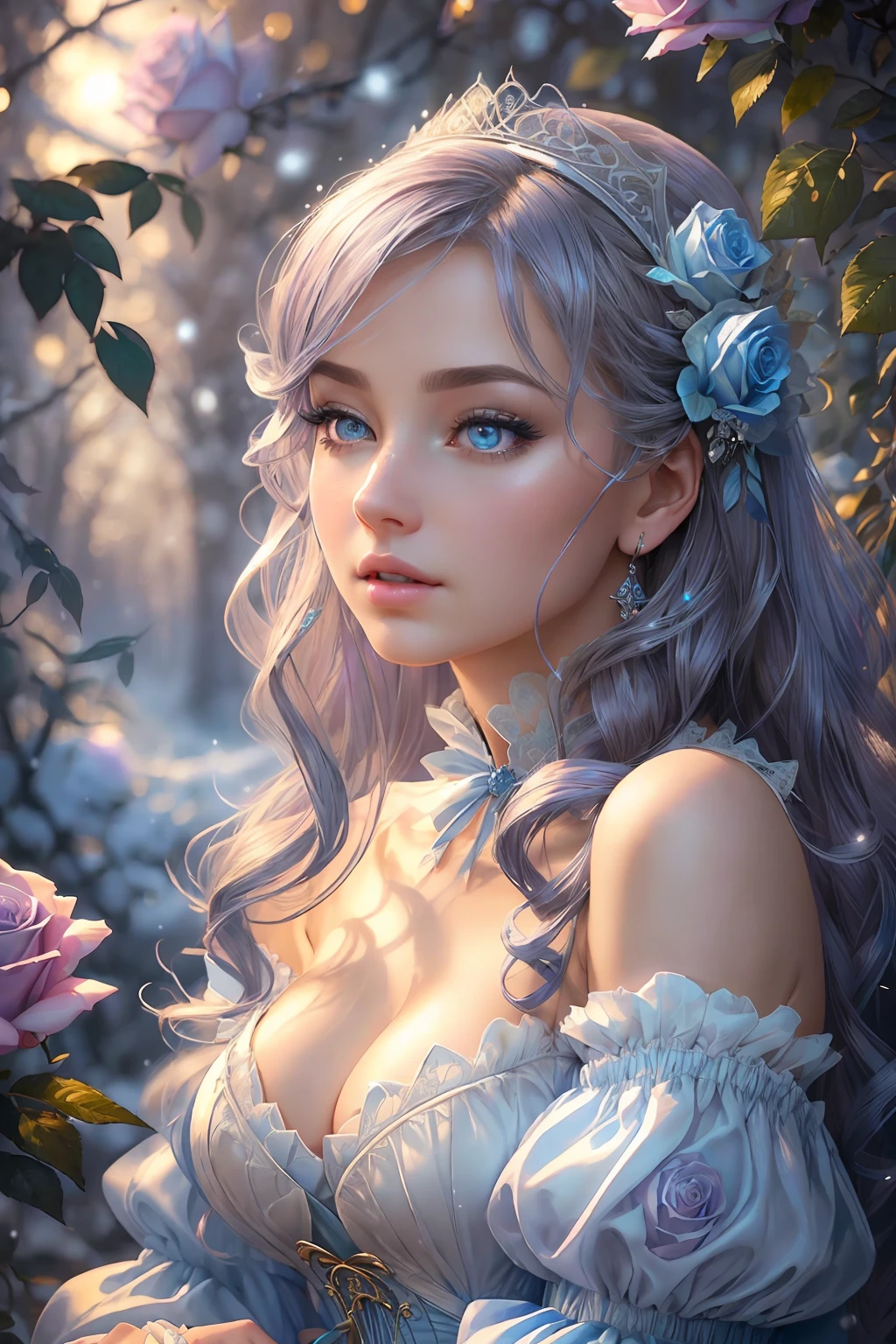 This is realistic (((fantasy))) artwork set in the frozen rose garden of an enchanted ice castle in winter. It is snowing heavily. Generate a proud woman with a (((highly detailed face))) dressed in the billowing folds of a stunning French silk ballgown. The woman's elegant face is ((((highly detailed, with realistic features and soft, puffy lips.)))) The ballgown is embellished with ruffles, sashes, and bows and a delicately, but intricately, hand-embroidered bodice. The corset features silk ribbon. She is wearing Victorian royal winter outer clothes. The woman's stunning eyes are beautifully detailed, featuring realistic shading and multiple colors, and in high resolution. The woman is in a garden of eternal roses, each one beautifully formed and highly detailed. These realistic roses feature shimmering shades of light blue, dark blue, silver, and glimmering blue-purple. The eternal rose is a deep shade of periwinkle with shimmering pink overtones and undertones. Ensure that the woman's face, hair, and eyes are perfect. realism, high fantasy, whimsical fantasy, storybook fantasy, fairytale fantasy, fantasy details, enchanting, bewitching, 8k, hires, CGI, digital painting, unity, unreal engine, (((masterpiece))), intricate, elegant, highly detailed, majestic, digital photography, art by artgerm and ruan jia and Greg Rutkowski, (masterpiece, finely detailed beautiful eyes: 1.2), hdr, realistic skin texture, (((1woman))), (((solo))), Include a highly detailed face, extremely detailed face, and interesting background.