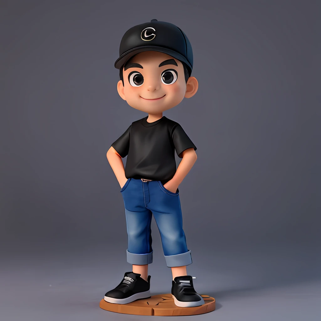 a Cute small male Fashion designer , 45-years-old, huge head, short hair, oval face，smile，fit, tall, Wearing a black baseball cap ，wearing Wear black T-shirt and dark blue jeans and black running shoes，Toy figures, best quality, 3d cartoon，full body view, fantasy, dreamlike, surrealism, super cute, trending on artstation