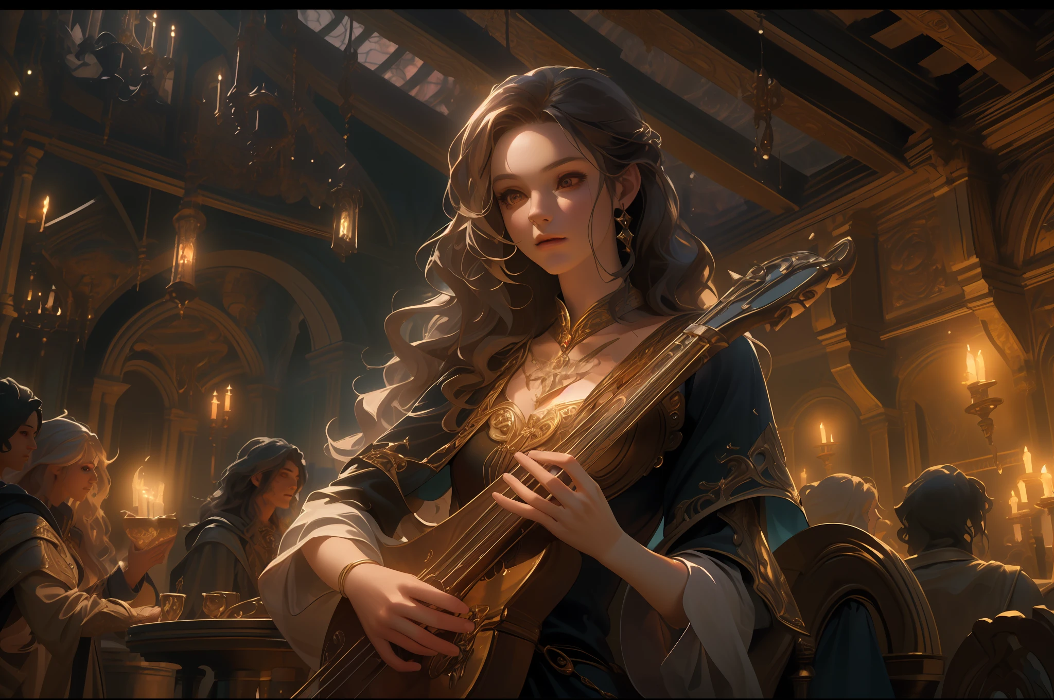 high details, best quality, 8k, [ultra detailed], masterpiece, best quality, (extremely detailed), dynamic angle, ultra wide shot, photorealistic (intricate details, Masterpiece, best quality: 1.5), fantasy art, dnd art, rpg art, realistic art, an ultra wide picture of bard playing the flute in fantasy setting tavern and enchanting the audience , full body, a human female (intense details, Masterpiece, best quality: 1.5) fantasy bard, fantasy enchanter,  playing a flute and enchanting people with magical song, colorful clothes, dynamic clothing, epic beautiful female bard (intense details, Masterpiece, best quality: 1.5), dynamic hair, long hair, wavy hair, tavern full of crowd, many people (intense details, Masterpiece, best quality: 1.5), bard playing flute and enchanting audience  (intense details, Masterpiece, best quality: 1.5), candles lights, fantasy chandelier, magical notes, magical sigils in the air  (intense details, Masterpiece, best quality: 1.5)