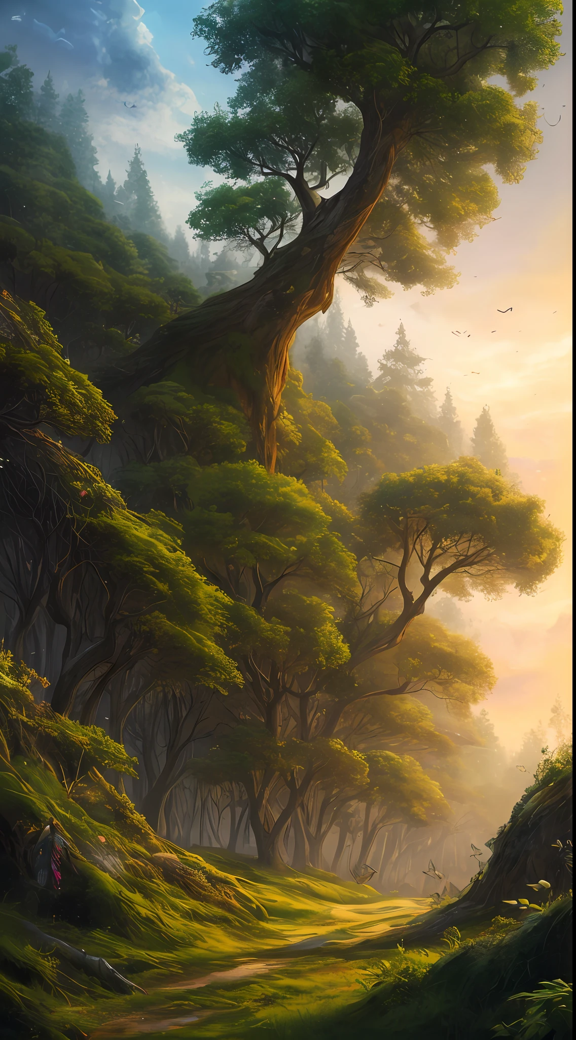 Masterpiece, top quality, high quality, highly detailed CG creates enchanting and dreamy scenes of fantastic forests with towering trees, hidden fairy valleys, a sense of mystery and enchantment, artstation, digital illustration, complex, trending, pastel colors, oil paintings, award-winning photos, bokeh, depth of field, HDR, bloom, chromatic aberration, Photorealistic, highly detailed, trending in art stations, trending in CGsociety, complex, high detail, dramatic, art by mid-journey