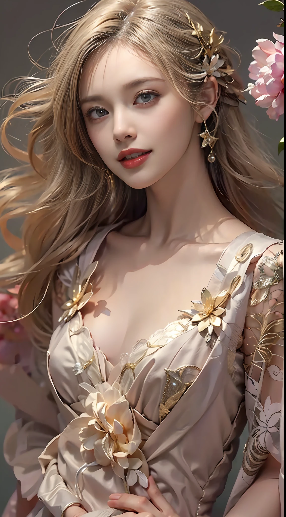 Sexy lace clothing， Open V-shaped bodice
The clothes are fitted with gold edges（gilded with gold）Star pupil hair ornament necklace jewelry
Wavy detail hair，Peony flowers bloom bright red tattoos,Delicately reveals the texture and texture of the petals，Eye details are meticulously depicted，largeeyes，Perfect face magazine cover full body real real skin charming, eyes very detailed
Upturned lips Elegant smile，karate stance，Soft natural light，cinematric light， Sideslit