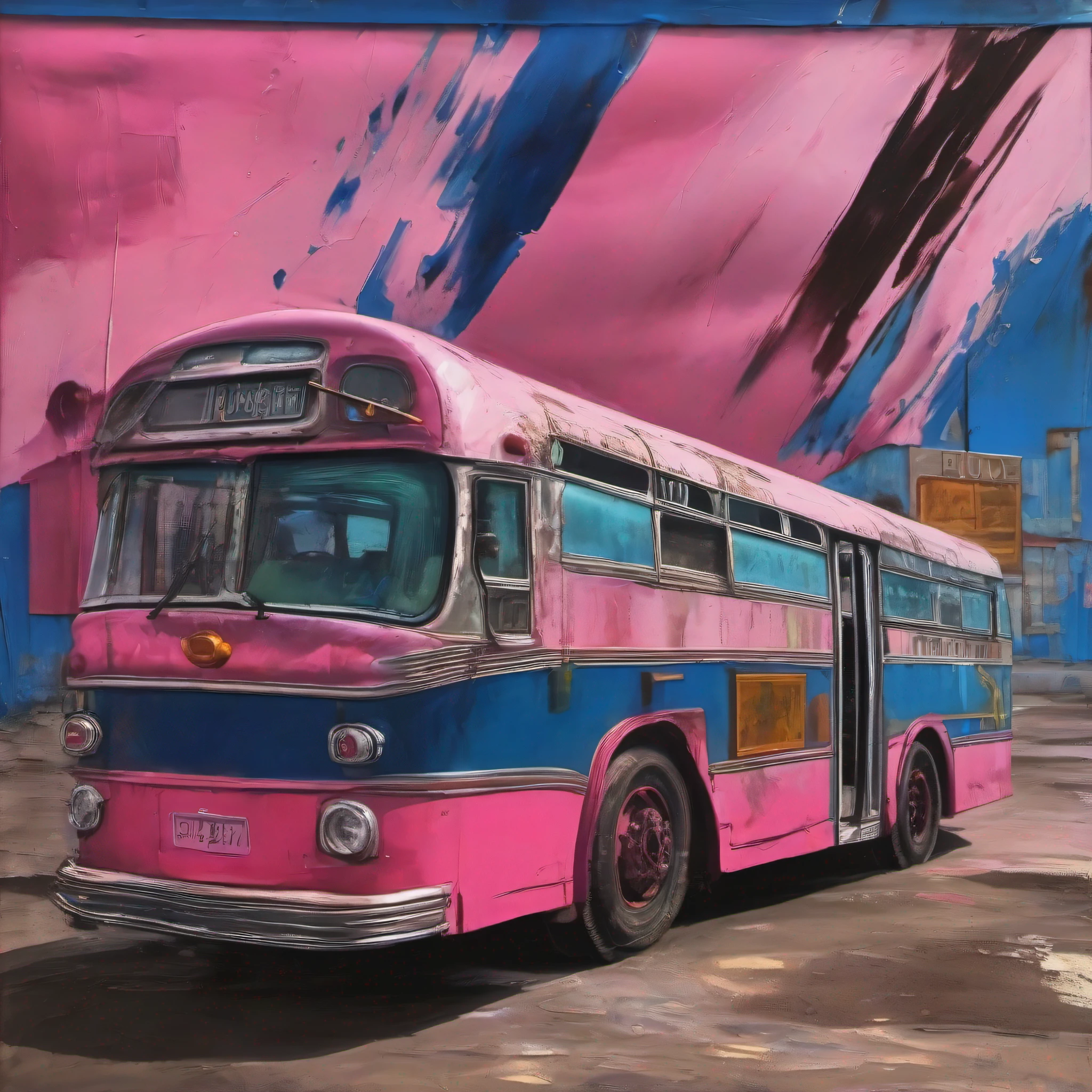 (a bus journeys west),
(the windshield flashing pink),
(pink glancing off of metal),
(brushing the dented flank
of blue), (beat-up enamel)