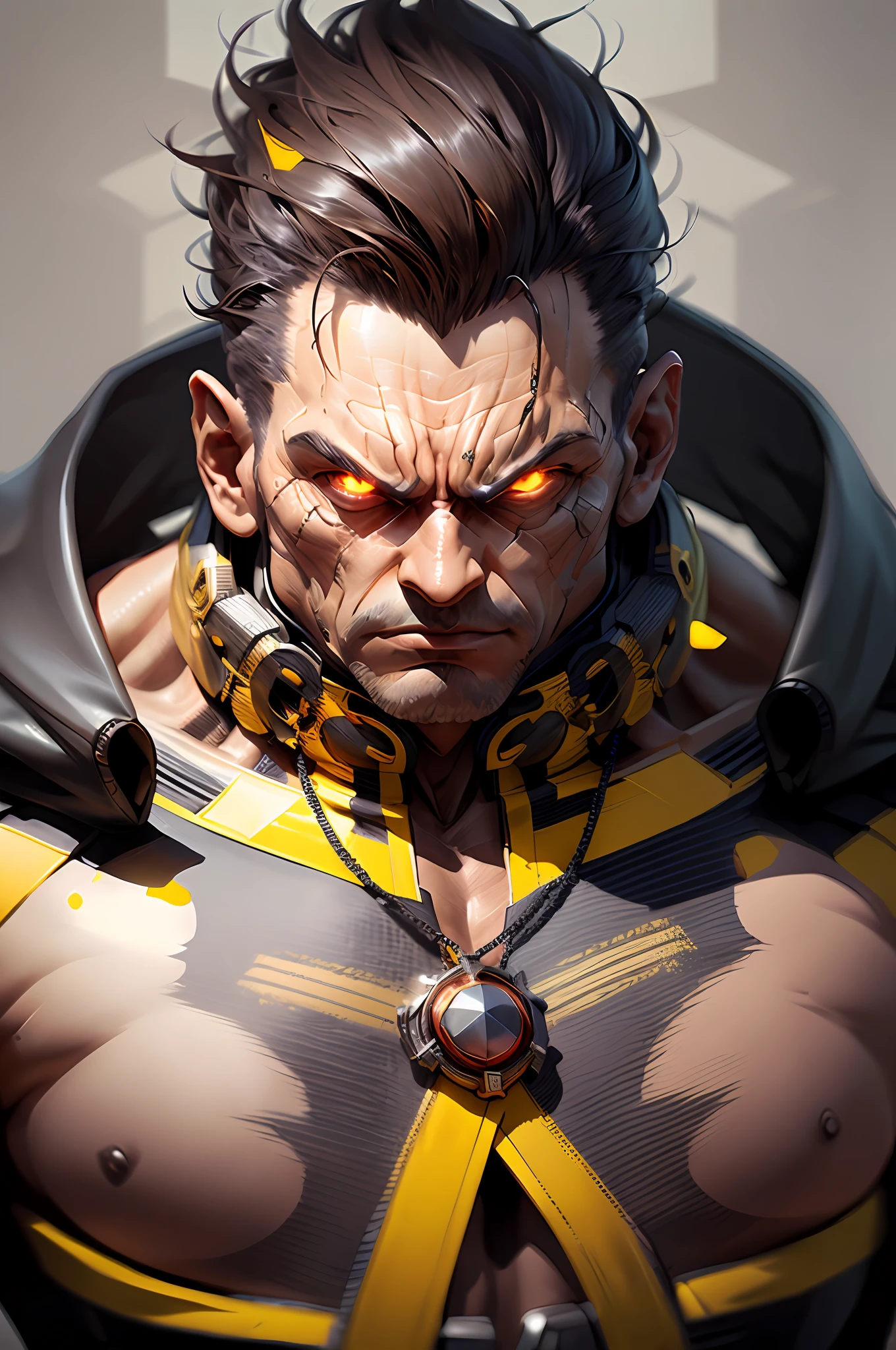 Homem com uma roupa amarela e preta e um colar, Wojtek FUS, inspirado em Marek Okon, Amazing 8K character concept art, rossdraws volumetric lighting, trending on ArtStation:3, arte de personagem impressionante, Trend at Artstation headquarters, RossDraw pintura digital, Ross Tran 8 K, Wlop Ross, veias saltadas,