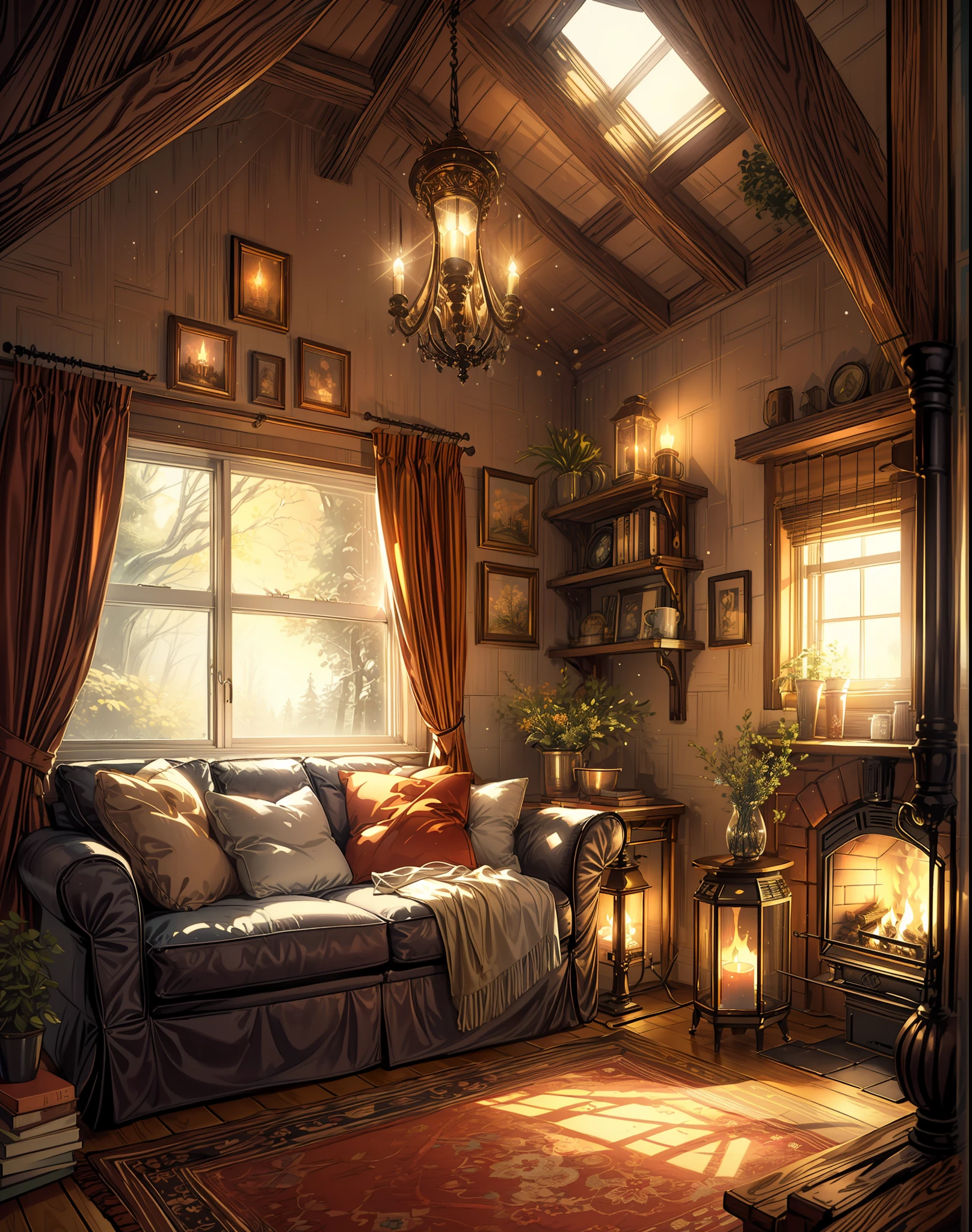 arafed room with a couch, a fireplace, and a window, cozy room, cozy wallpaper, cosy enchanted scene, cozy place, cozy home background, cozy environment, cozy atmospheric, cozy atmosphere, warm interior, cosy atmoshpere, cozy and peaceful atmosphere, relaxing concept art, pleasant cozy atmosphere, cozy setting, cozy and calm, designed for cozy aesthetics!