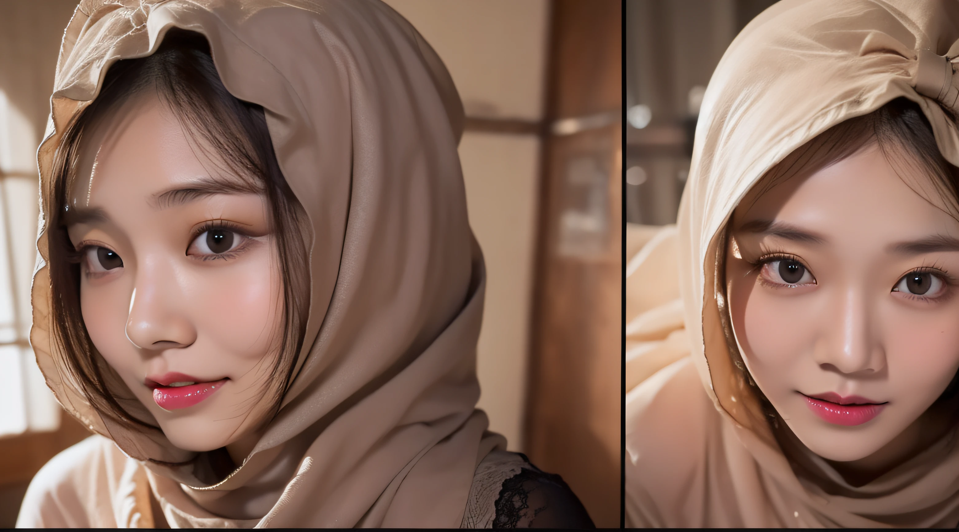 sexy pose、wearing hijab, very big natural tits、(top-quality、8K、32K、masterpiece, mira filzah face, Cute malaysian pictures )、(mira filzah face), A smile、Upper teeth、beauitful face、(Slouched:1.3)、(From above:1.2)、(a closeup:1.4)、cafe, POV、very big breasts、in cafe、natural skin、(Front Focus)、(Dark: 1.6)、Fantasy Art、photoRealstic、Dynamic lighting、art stations、poster for、Volume Lighting、extra detailed face、Award-winning、deep-shadows、lowkey、(transparent underwear:1.4), realistic skin, detail skin , bedroom background ,full body
