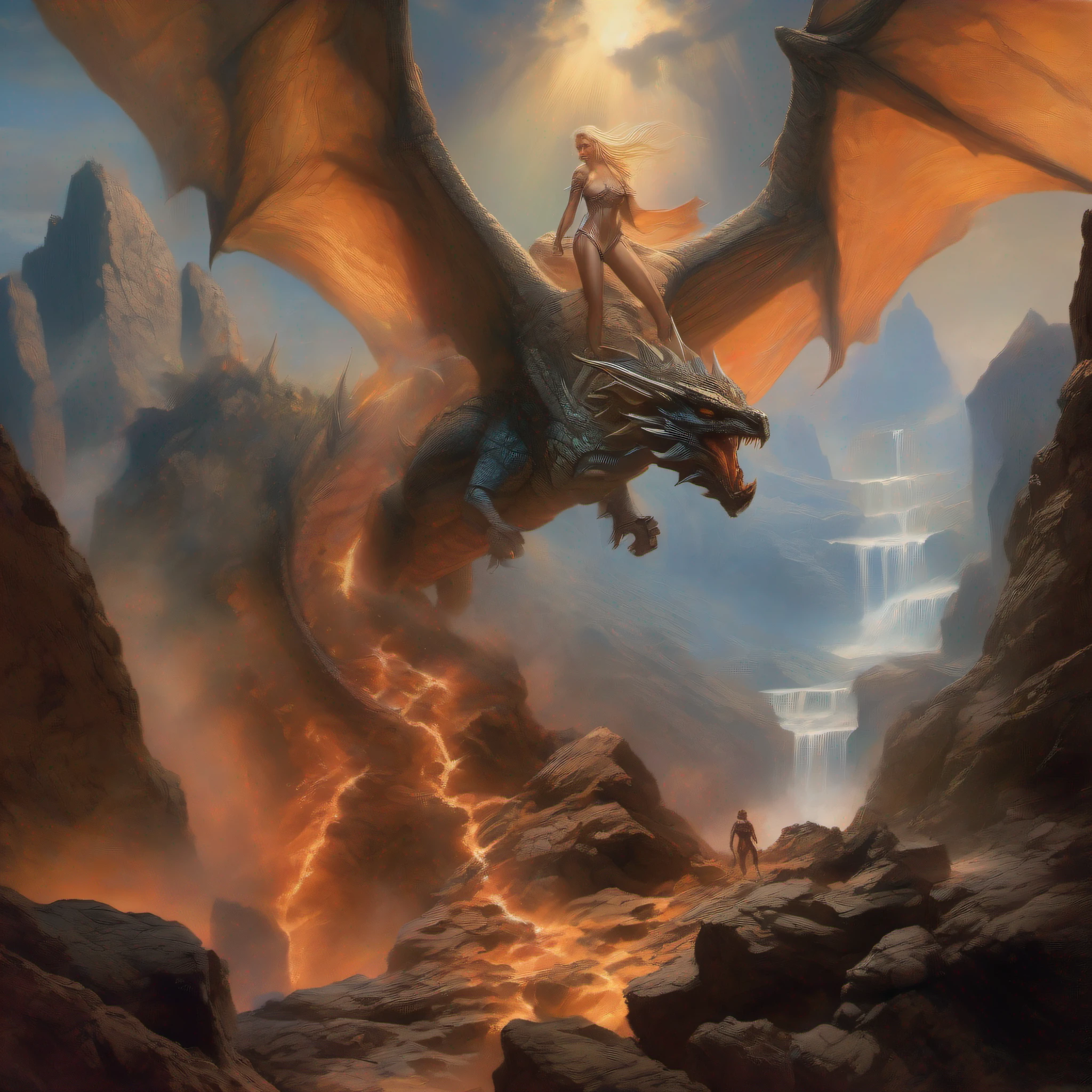((( Boris vallejo style))). big dragon in a cavern and a gorgeous and amazing  female barefoot summoner and a levitating with blonde hair robes and cape arms lifted up over a broken earth bright lava light from below asteroid field (jagged rocks boulders and debris shooting into the air:1.3) (windy dust debris storm:1.1) volumetric fog mist ray tracing z pass bright light from below, (masterpiece) (best quality) (detailed) (8k) (cinematic lighting) (sharp focus) (intricate)
Sharp faces, (full body, closeup Woman))).