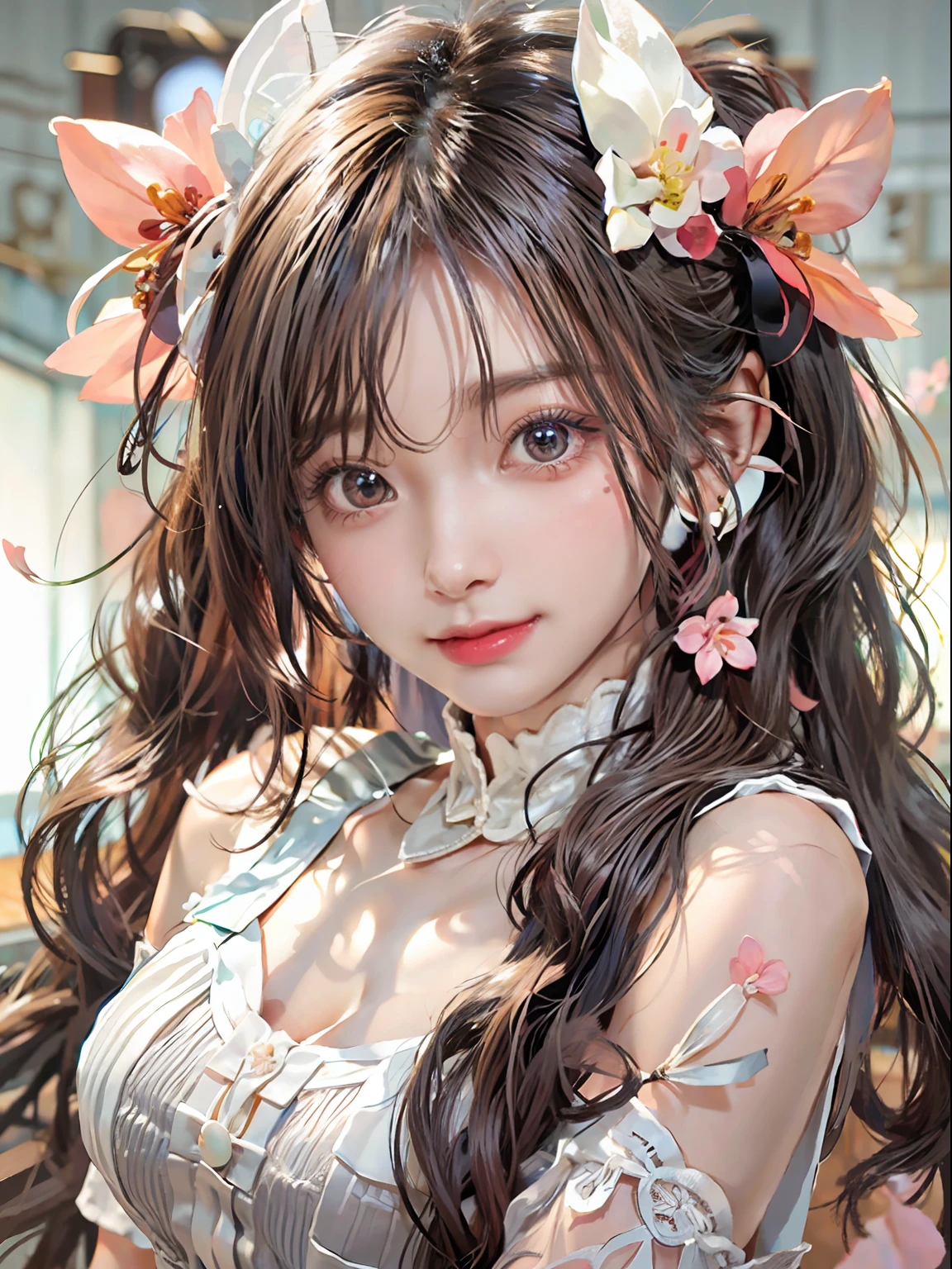 (tmasterpiece:1.2),high high quality,beautiful details girl,ssmile,Double tail, curlies,Highly detailed eyes and face,beatiful detailed eyes,hugefilesize,A high resolution,A high resolution,8k wallpaper,finely detailled,highly detailed,8k wallpaper,light in face,cinmatic lighting,16 year old girl,A sexy pose,(photorealisti:1.4),illustratio,hentail realism,from below,super detailing, lie,Pear blossom hairpins,Has tear moles,Look up at the sky,Bandeau dress,(Deep black pupils, 1.2)