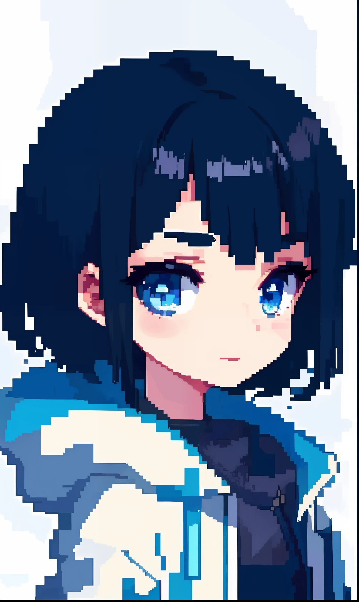 Top works,highest quality,pix,pixelart,one-girl,Short black hair, 17 years old ,Face Upper body,blue color eyes,White hooded jacket,ssmile