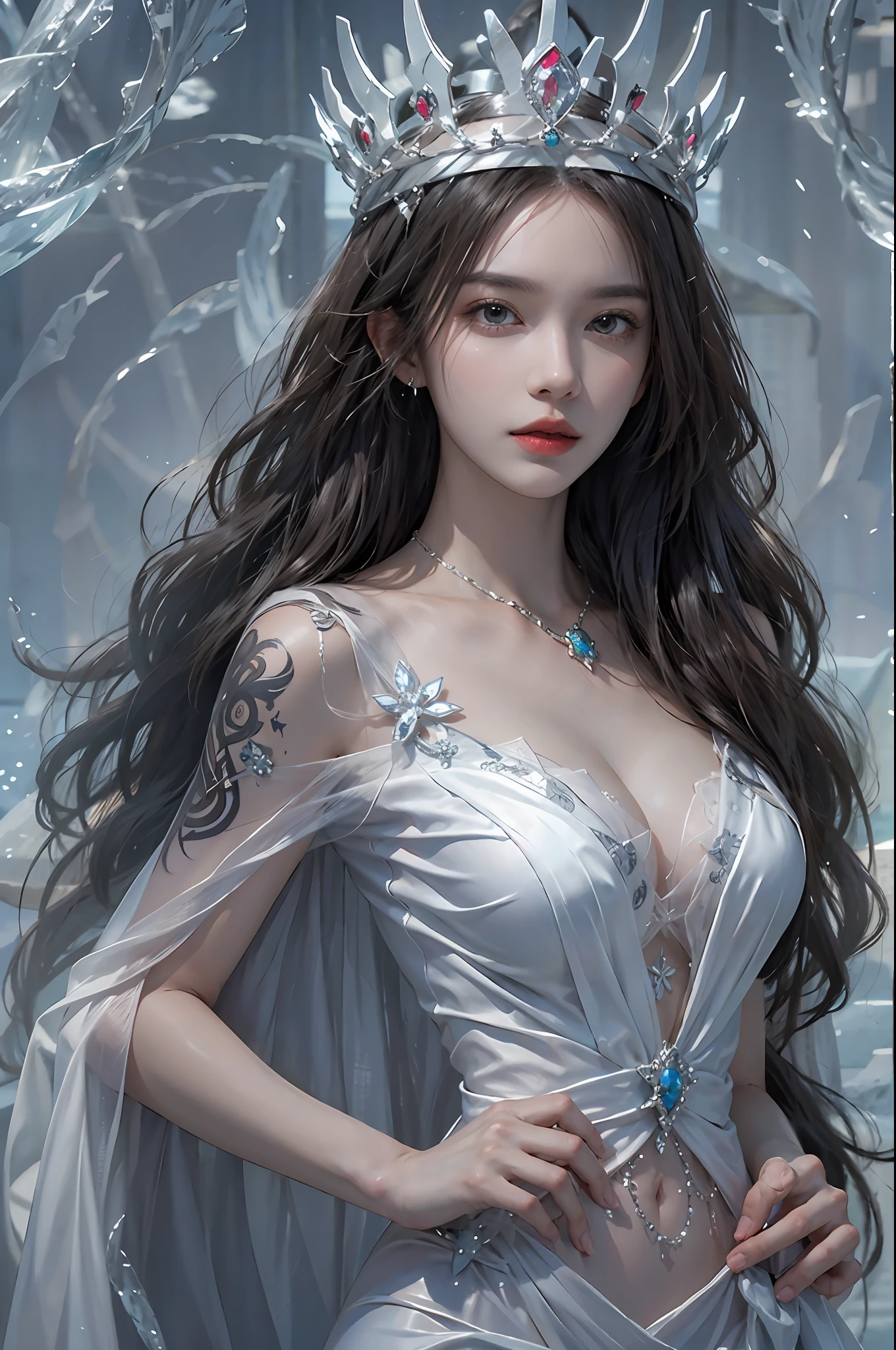 photorealistic, high resolution, 1women, solo, hips up, look at viewer, long hair, dress, ice queen, crown, jewelry, tattoo