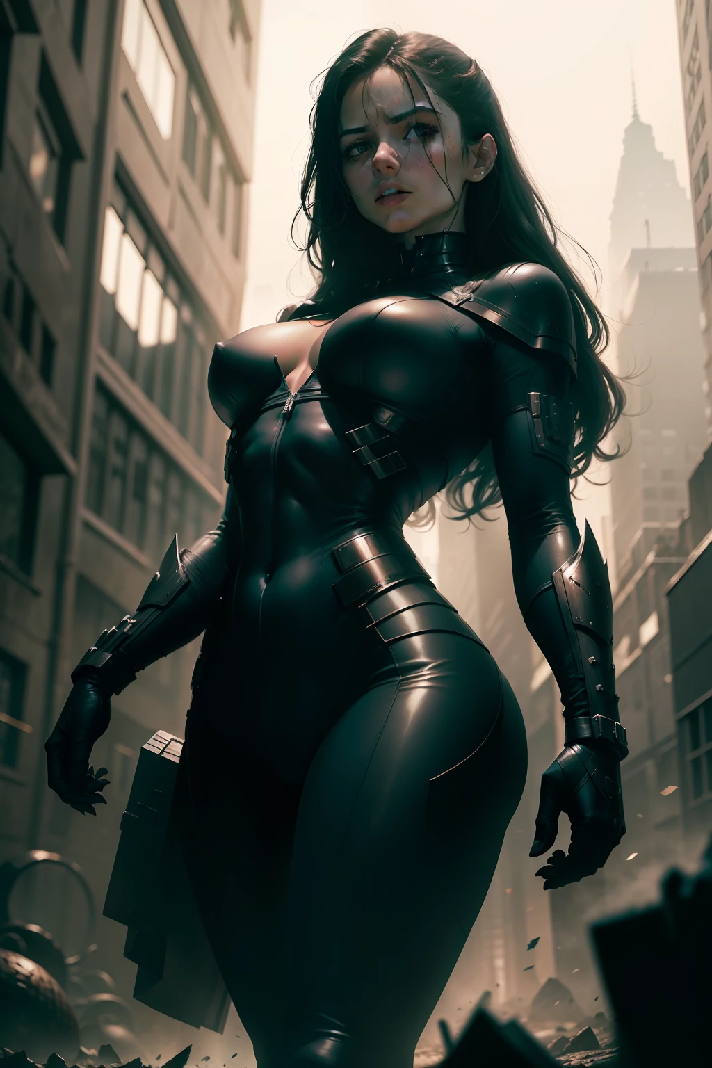 "A girl in an iconic Marvel character, Carcaju, em uniforme amarelo, adota uma postura agressiva, His sharp adamantium claws stretched menacingly. The composition captures the cashew in a long shot, permitindo que o espectador absorva a totalidade de sua postura. feroz. The camera lens used for this The photo is 70mm, increasing the sense of depth and scale. The setting is in a chaotic New York, enfatizando a intensidade da batalha. The lighting is dim, com poucas fontes dispersas, casting deep shadows that enhance the gloomy atmosphere. The desired style for this photorealistic image is cinematic, evocando o escuro, dark aesthetics often found in Marvel action movies."