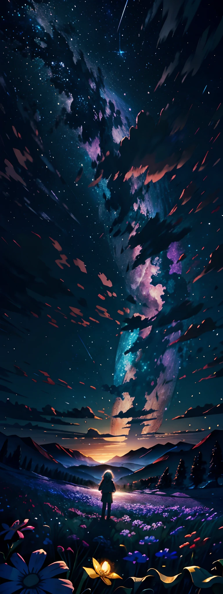 Expansive landscape photograph, (view from below with a view of the sky and the wilderness below), little girl standing in a flower field looking up, (full moon: 1.2), (shooting star: 0.9), (nebula: 1.3), distant mountain, tree break production art, (warm light source: 1.2), (firefly: 1.2), lamp, purple and orange, intricate detail, volume lighting BREAK (masterpiece: 1.2), (highest quality ), 4k, ultra-detailed, (dynamic configuration: 1.4), highly detailed and colorful details (iridescent: 1.2), (sparkling lighting, atmospheric lighting), dreamy, magical, (solo: 1.2)