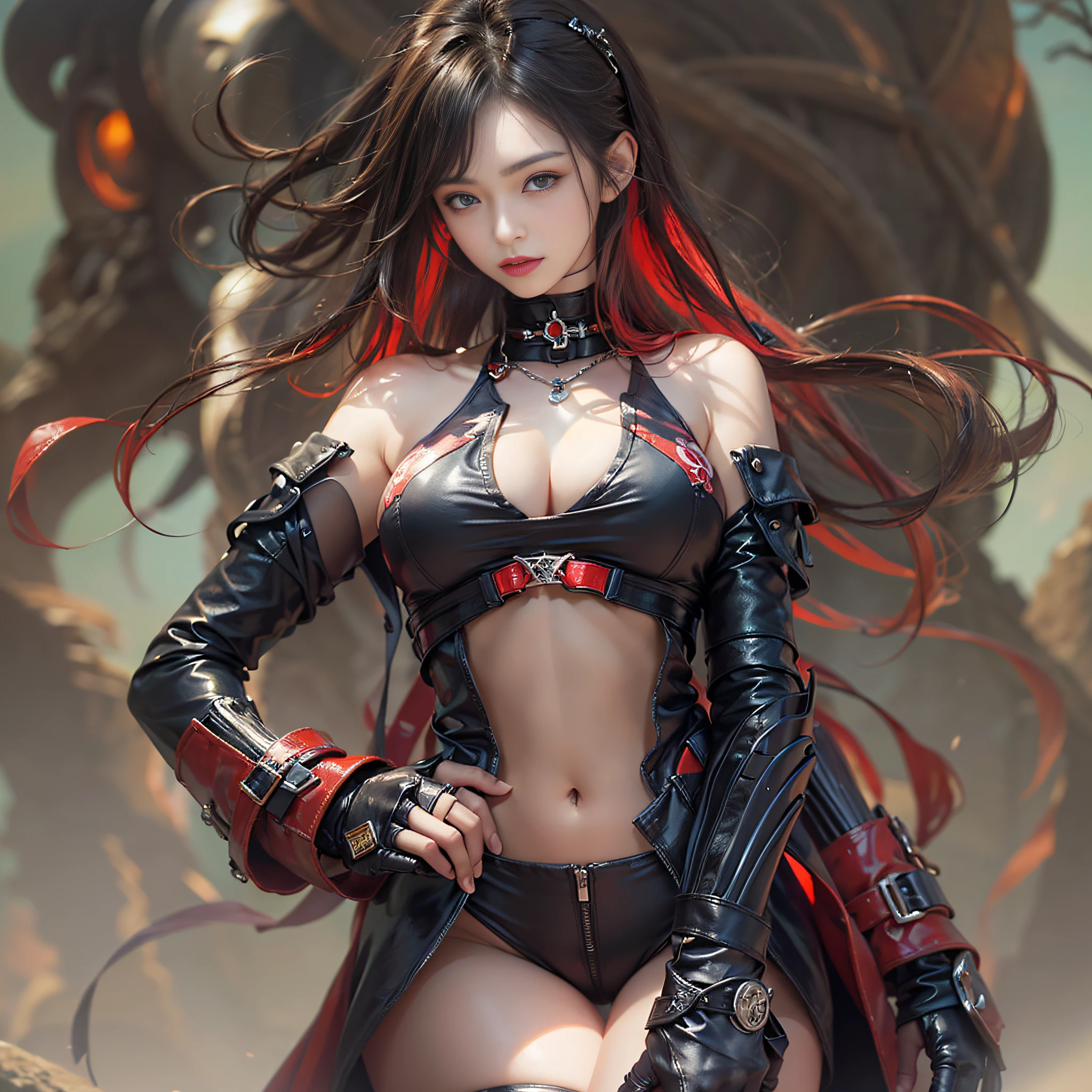 ((masterpiece:1.4)、(top-quality:1.4)、(reallistic:1.7))、Otherworldly mercenaries、Beautiful Beautiful Girl Mercenary、Super beauty、Sexy Daughter、1girl in、Uniforms suitable for combat、latex shiny、Latex bodysuit、age19、Super Ultra Ultra Bikini、Looking Back Beauty、Outstanding style、Slender Abs、Anatomically correct limbs、Anatomically correct body structure、Realistic standard body shape、beauty legs、Beautiful ass、A detailed eye、beautidful eyes、Raw photo、red-lips、Red boots、a choker、a necklace、耳Nipple Ring、The world of otherworldly mythology