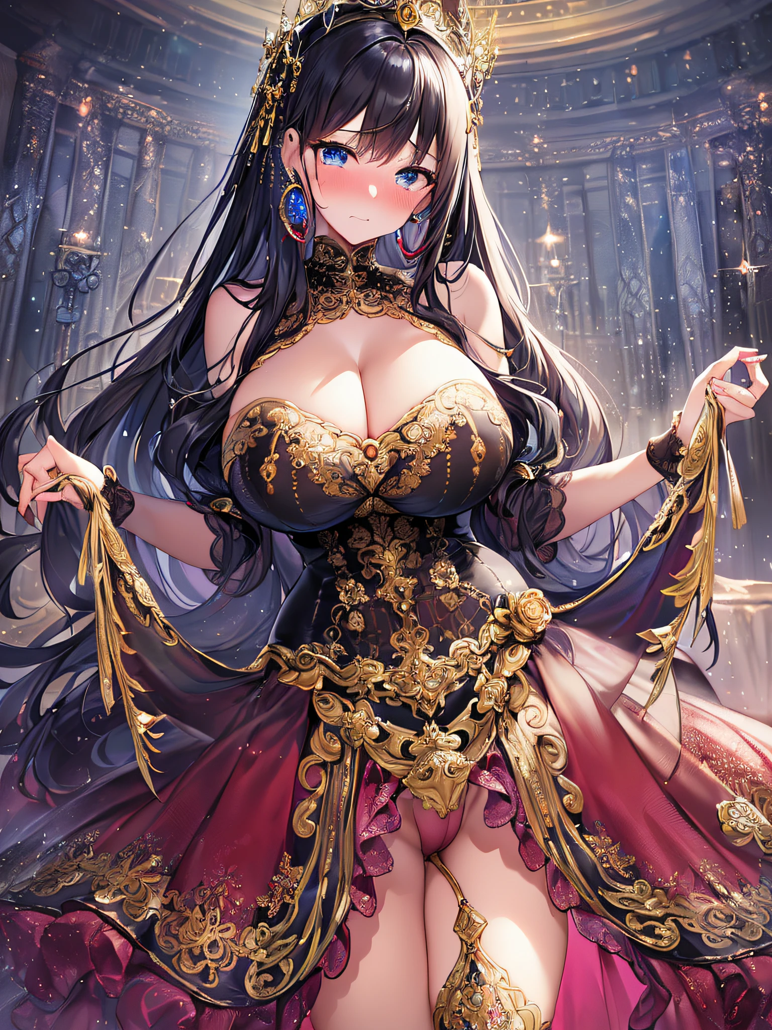 ((anime artstyle)),(Masterpiece),(Best Quality), (Super Detail),((Very Delicate and Beautiful)),(((Solo))),(1 princess in beautiful embroidery and jeweled gorgeous rococo ball gown dress with voluminous full length hoop skirt with a tucked up skirt)),royal bedroom,(((dress skirt lift by self))),((((Gorgeous embroidery and lace panties with jewels,cameltoe)))),garter belt,focus pantie,((bling-bling)),Long train,(bling-bling gorgeous gemstone jewelry),detailed face and eyes,jewel-like eyes,cry,((embarrassed)),((large amount of straight hair,extremely voluminous Very Long Hair,Very Long Straight Hair)),(((gigantic tits,Long tits))),cleavage,(gorgeousfull embroidery and lace),gorgeous corsage,See-through,extremely gorgeousfull hair ornament,bling-bling extremely gorgeousfull jeweled tiara,ornate ruffles,(hoop skirt,crinoline),((Dynamic Angle)),Looking at viewer,((full body)),((beautiful embroidery and jeweled extremely gorgeous rococo ball gown dress with voluminous full length hoop skirt)),focus pantie,