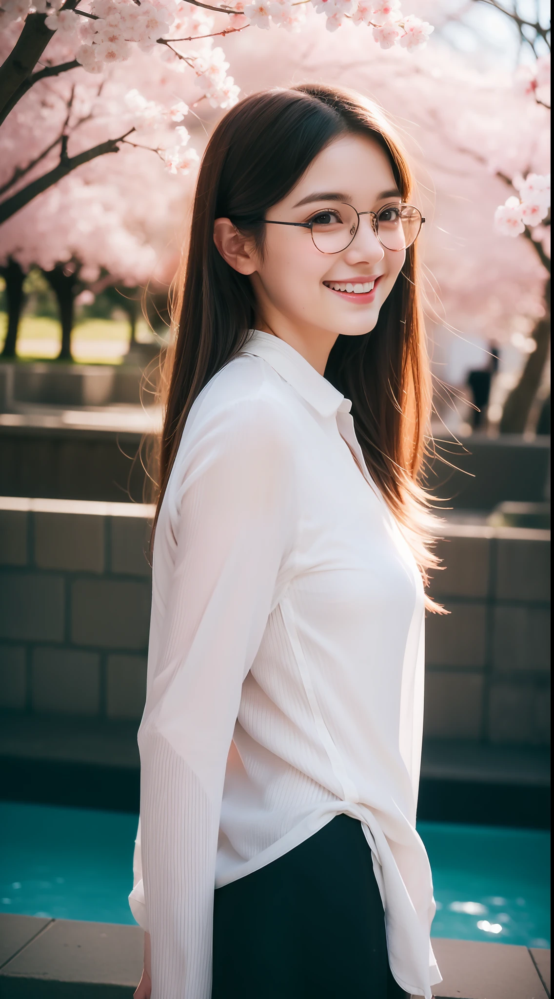 Pretty young Margaret Qualley, The Last of Us, Game, glasses, white shirt, tight shirt, horizontal striped shirt, wearing nice top, low neckline, wearing simple, tight clothes, short shorts, ((dark tights)), hyperrealistic , , model body, small breasts, beautiful breasts, long hair, layered hairstyle, blonde hair, long legs, 8k, lakefront, cherry blossom, sunlight, led lighting, blood on the wall, pool of blood, full of human remains, detailed reflection, anime style, smiling