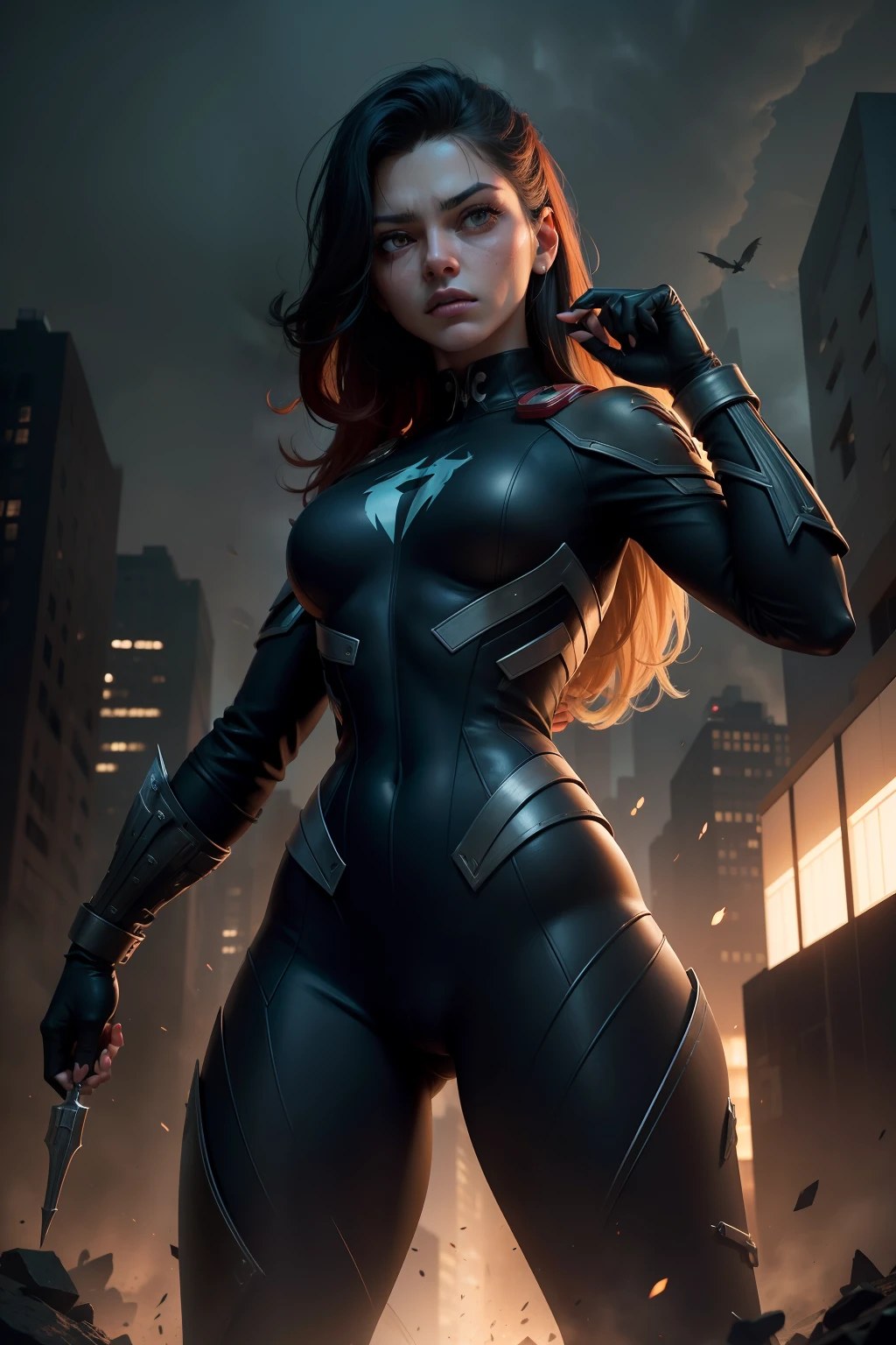 "A girl in an iconic Marvel character, Carcaju, em uniforme amarelo, adota uma postura agressiva, His sharp adamantium claws stretched menacingly. The composition captures the cashew in a long shot, permitindo que o espectador absorva a totalidade de sua postura. feroz. The camera lens used for this The photo is 70mm, increasing the sense of depth and scale. The setting is in a chaotic New York, enfatizando a intensidade da batalha. The lighting is dim, com poucas fontes dispersas, casting deep shadows that enhance the gloomy atmosphere. The desired style for this photorealistic image is cinematic, evocando o escuro, dark aesthetics often found in Marvel action movies."