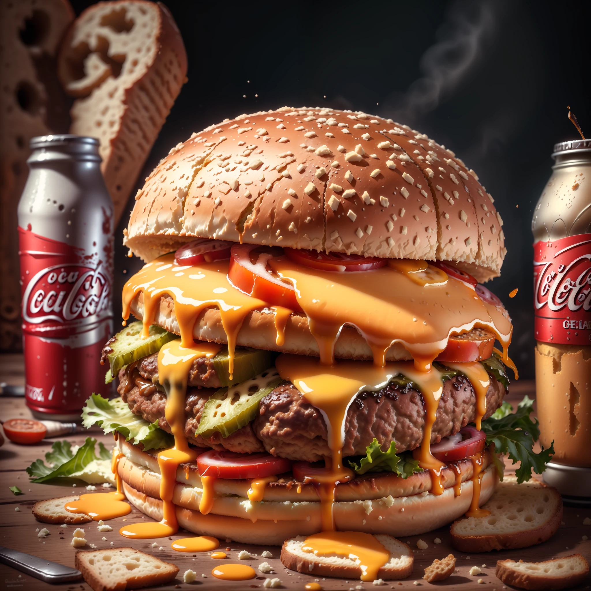 (realistic studio photography), ((Hamburguer delicioso, queijo derretido, Bread with gergelin, bife suculento apecto realista de propaganda de marketing: 1.12)) (ao lado de uma coca-cola)