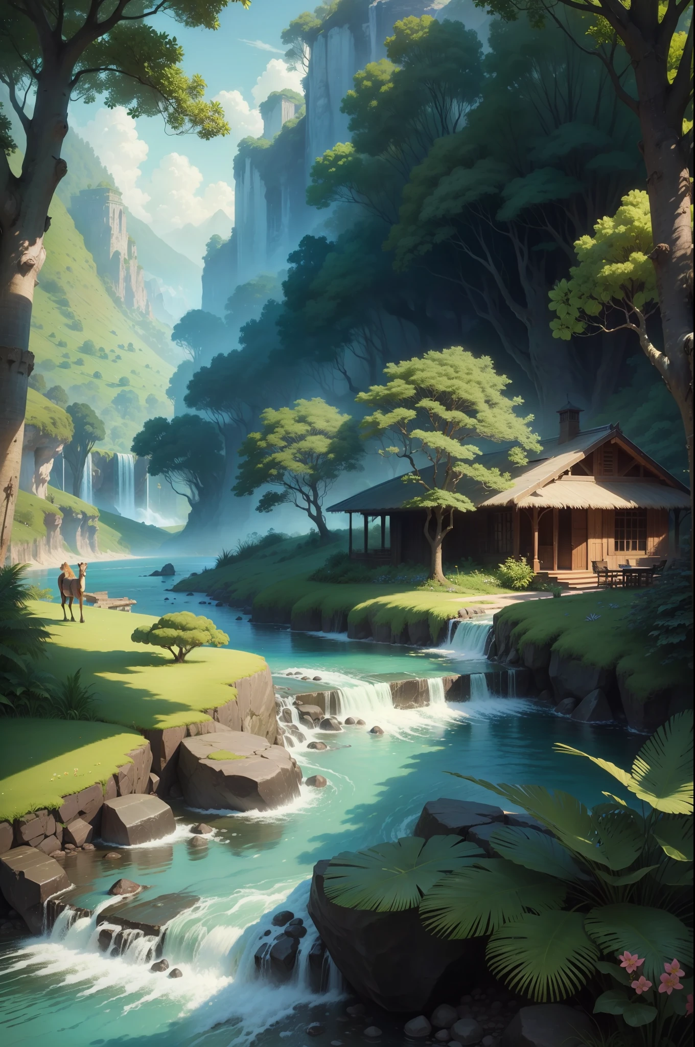 Paradise, lush greenery, flowing rivers, beautiful mansions, beautiful animals
