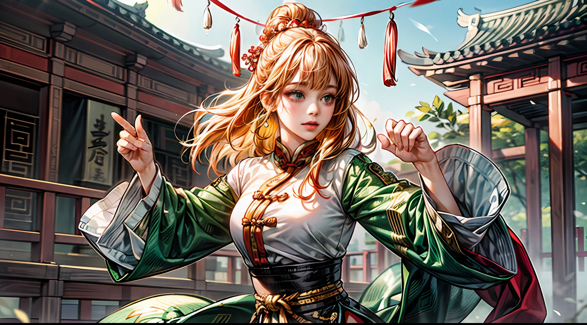 Best quality, masterpiece, high detail, most realistic, HD, young woman, perfect figure, ginger hair, blunt bangs, green eyes, dancing an old chinese dance with cloths, wearing traditional chinese dancong clothes, in the chinese palace for the chinese princes and the emperor