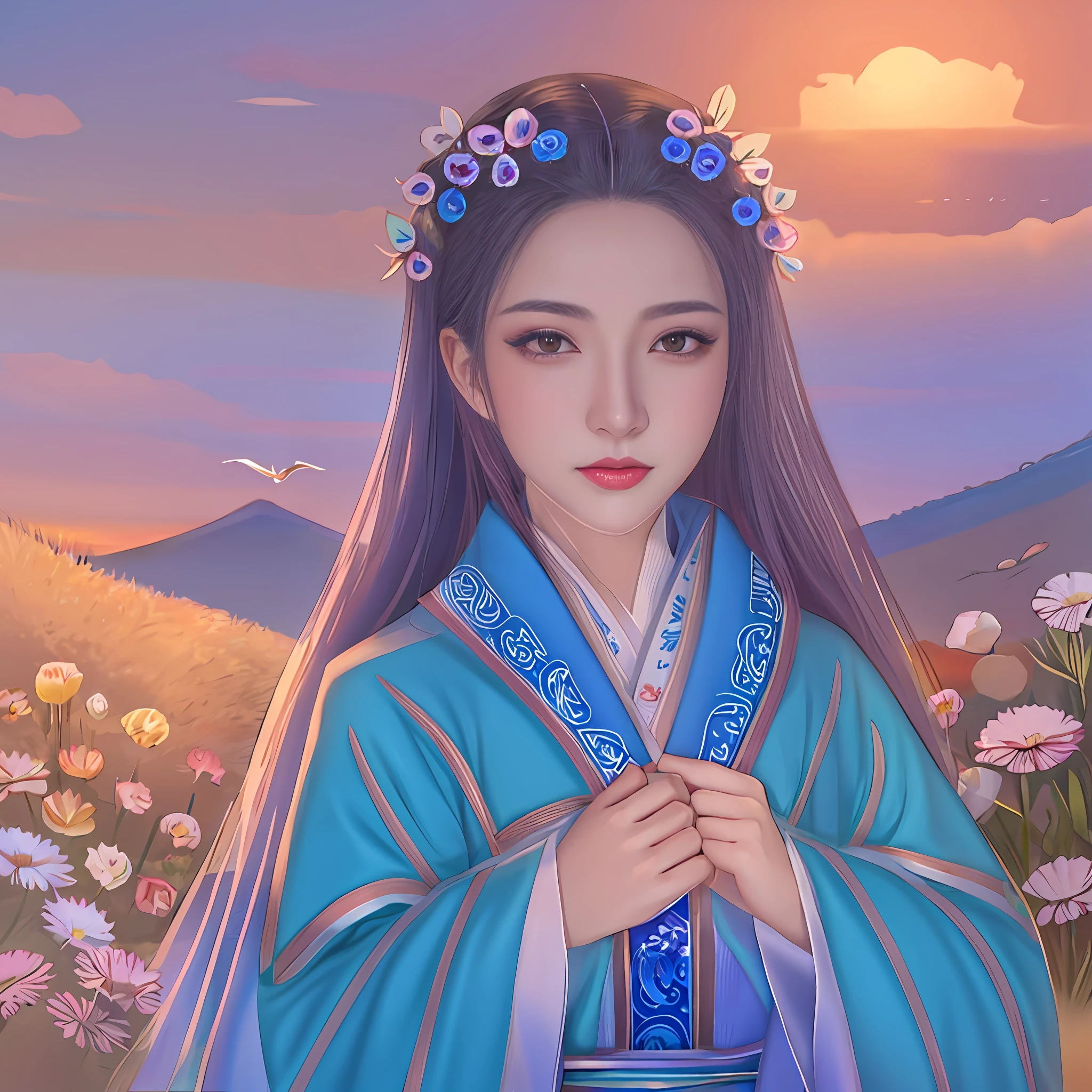 "pintura de uma mulher em um quimono azul com flores em seu cabelo, a beautiful artwork illustration, pintura de personagem bonita, Beautiful digital illustration, inspired by Itō Shinsui, Deusa japonesa, bela arte digital, Retrato de uma gueixa bonita, Digital anime illustration, exquisite digital illustration, uma bela imperatriz fantasia, inspirado em Yun Du-seo, arte digital estilo anime".
