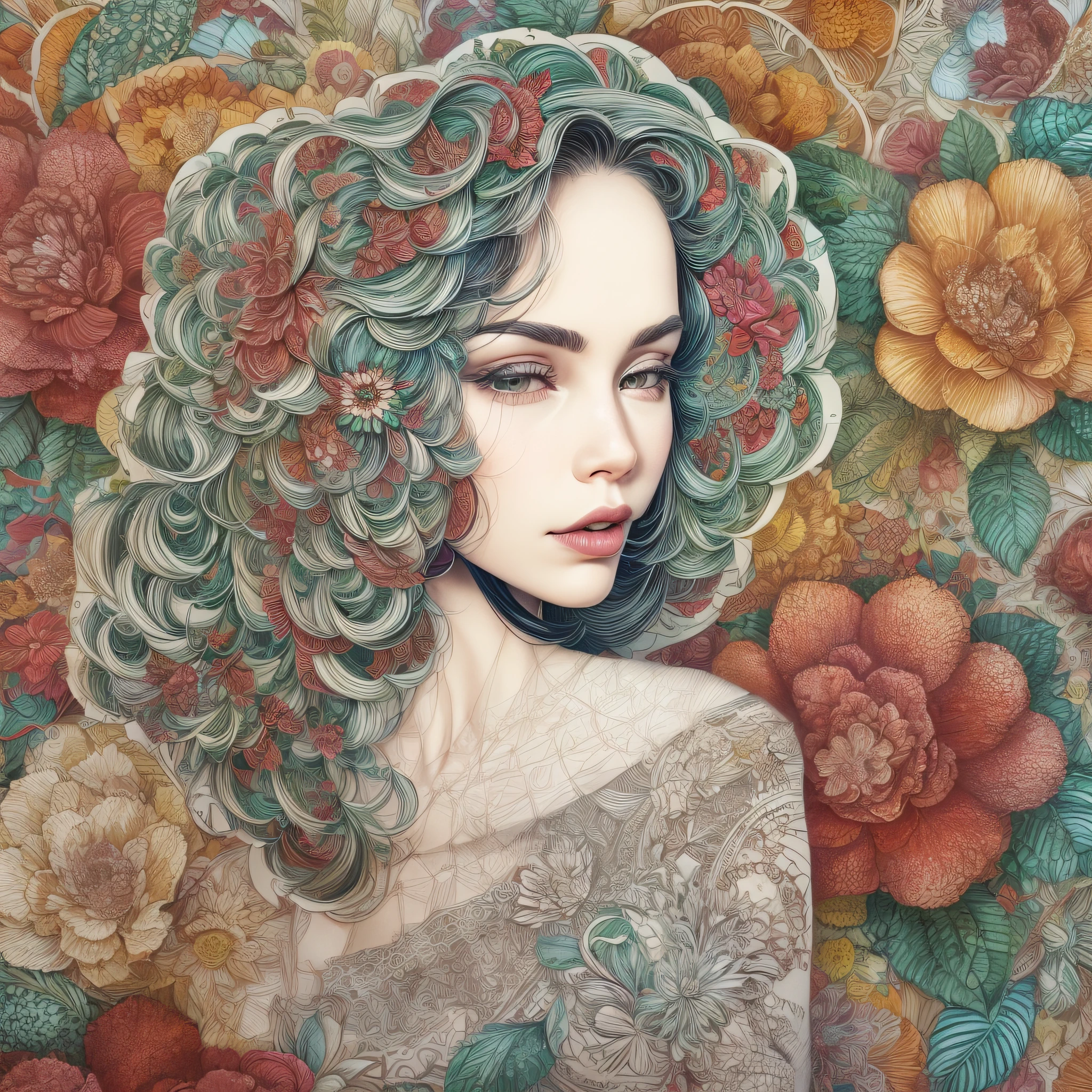 (A silhueta de uma mulher bonita,Colorful camellias),fundo branco,(arte em papel, Arte em papel acolchoado:1.2, geomerty:1.1, Zentangle,a 3D render), (extremamente colorido, best quality, Detalhes detalhados, master part, arte oficial, Efeito de luz do filme, 4k)