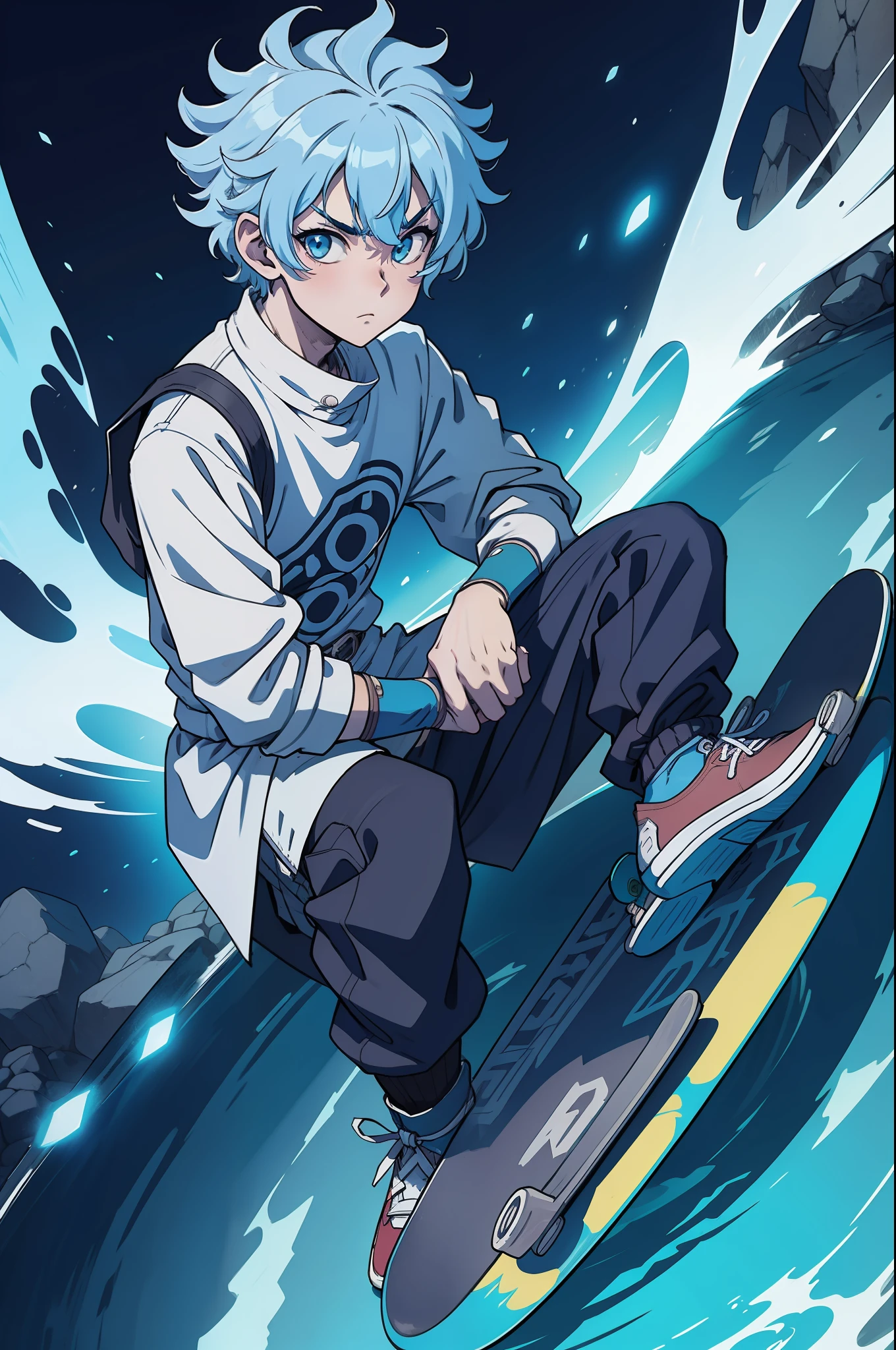Anime boy with blue hair crouched with his feet on a skateboard, Estilo anime 2D, Kentaro Miura estilo de arte, kentaro miura manga art style, 2 0 2 2 estilo anime, Estilo Anime 2022, anime moe artstyle, Demon Slayer rui fanart, Nagito Komaeda, Estilo anime 4K, personagem estilo anime