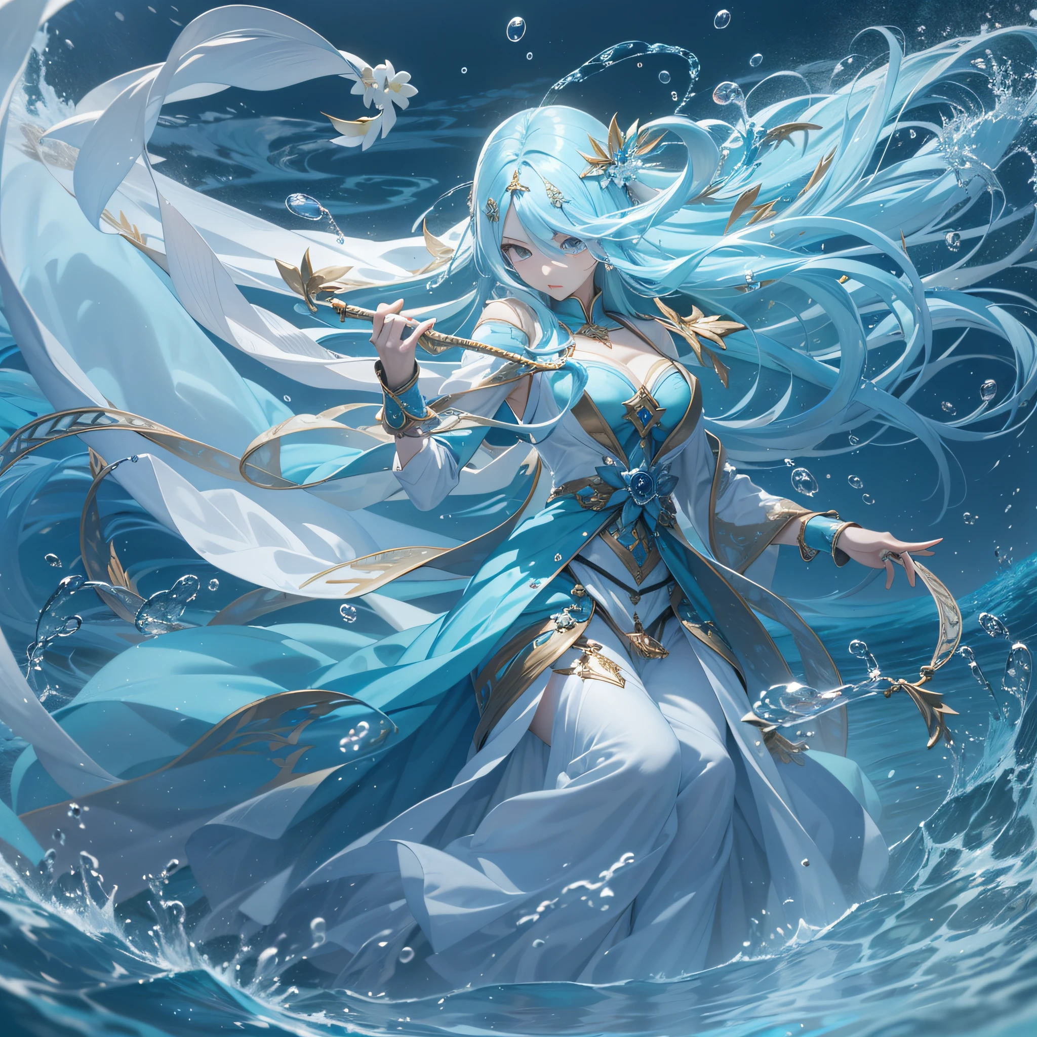 Godess of Water、Manipulate water at your disposal、Beautiful goddess with long light blue hair trying to unleash like a whip、Combat stance、masterpiece、realisitic